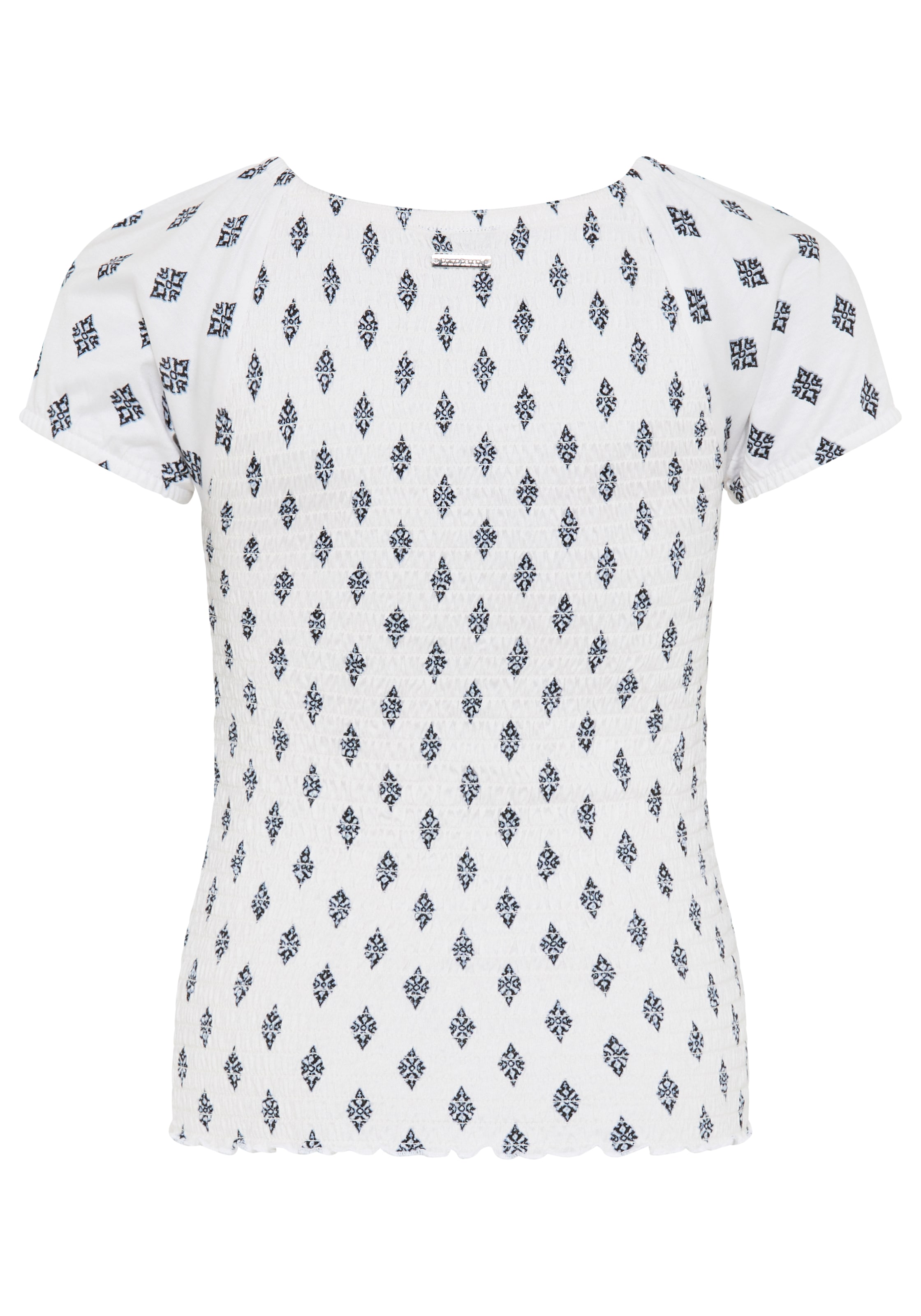 Bruno Banani T-Shirt »Viskose-Allover gemustertes Shirt, Smoke Carmenshirt für Mädchen« modischer Stil, Kurzarm, mit Carmenausschnitt, Allover-Druck