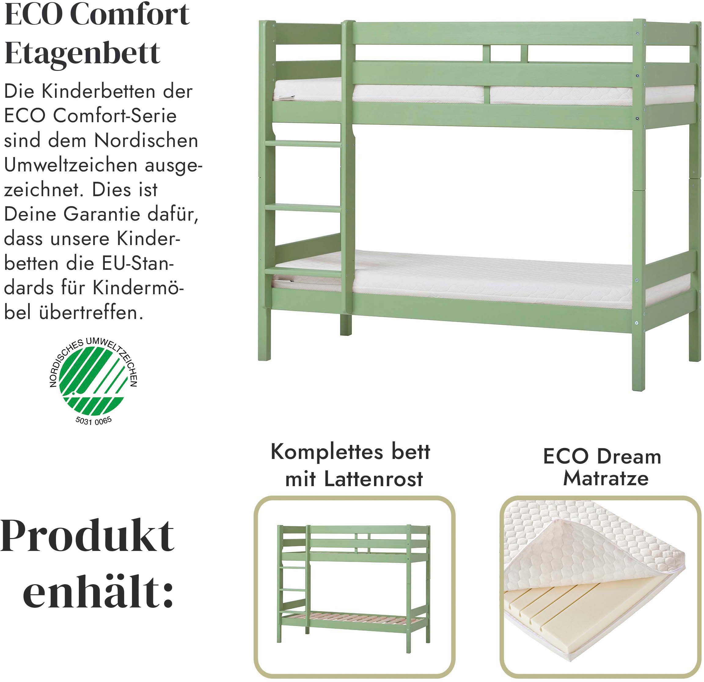 Hoppekids Etagenbett »ECO Comfort Kinderbett 90x200 oder 70x160 aus Massivholz in 4 Farben«, TÜV, FSC und Nordisches Umweltzeichen – wahlweise mit Matratzen
