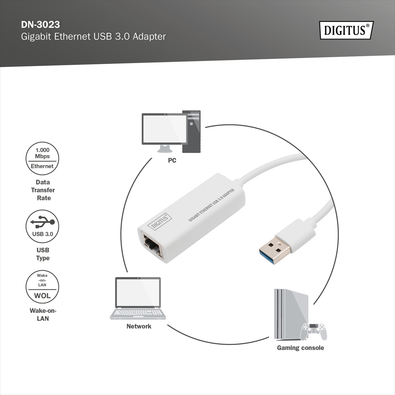 Digitus Netzwerk-Adapter »Gigabit Ethernet USB-3.0-Adapter« 15 cm