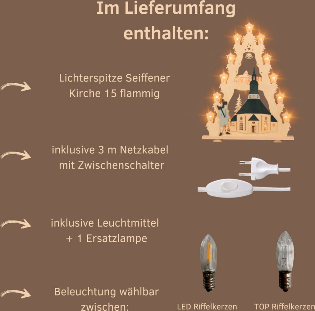 Weigla LED Lichterbogen »Seiffener Kirche, große Lichterspitze aus Holz, Made in Germany« 1 Stk. Erzgebirge garantiert, Weihnachtsdeko Innen, Weihnachtsbeleuchtung