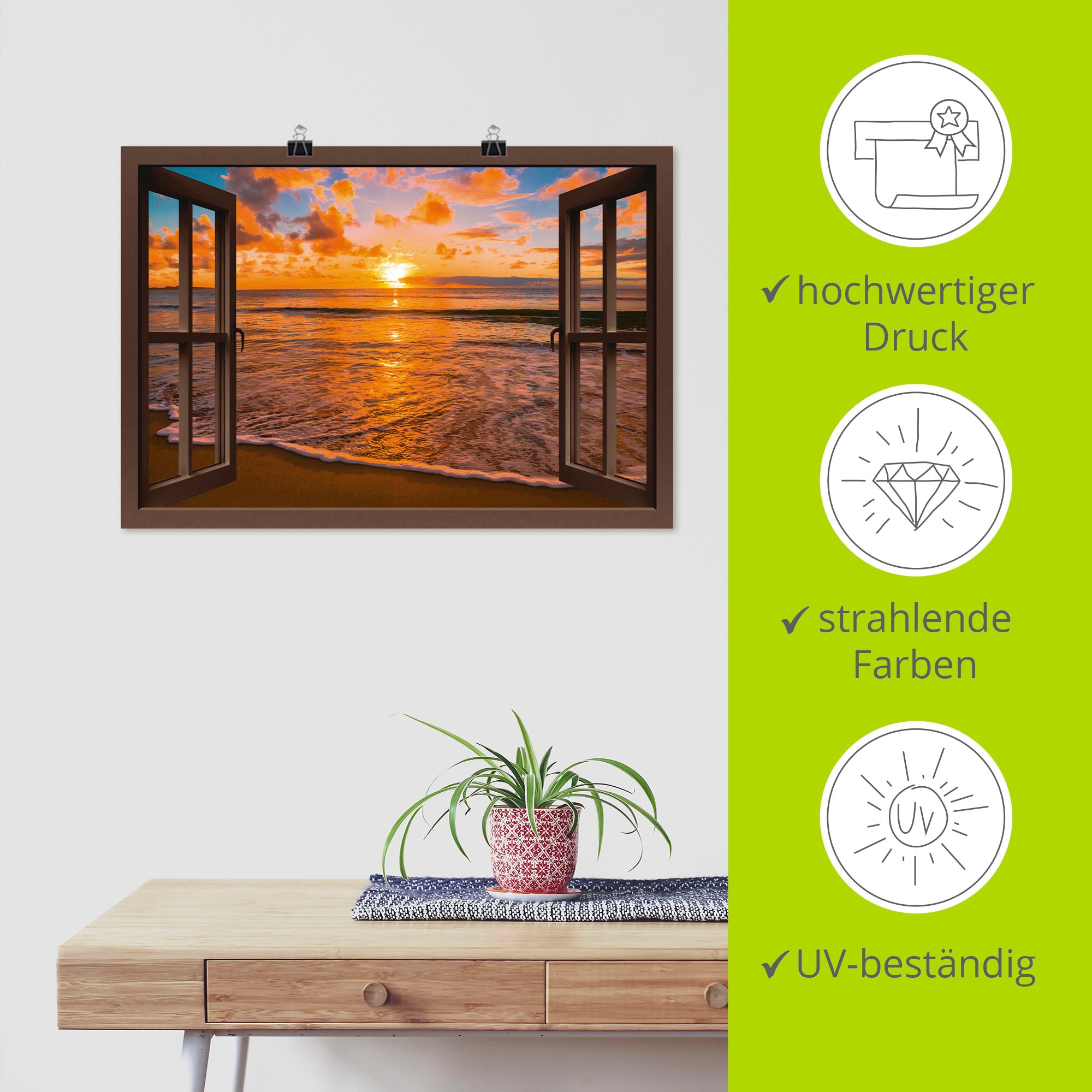 Artland Wandbild »Fensterblick Sonnenuntergang am Strand«, Sonnenaufgang & -untergang, (1 St.), als Leinwandbild, Poster, Wandaufkleber in verschied. Größen