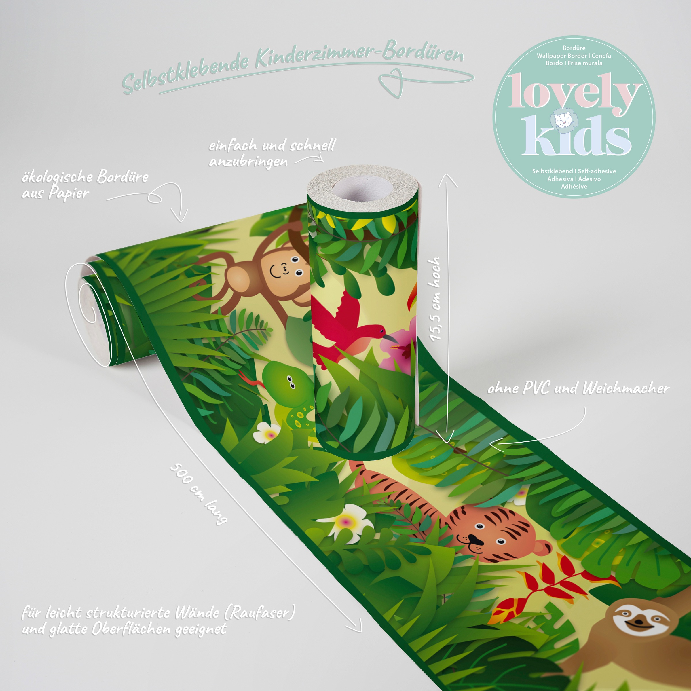A.S. Création Bordüre »Jungle Friends«, Motiv-abstrakt-naturalistisch, Papier Wand Schräge Tür Borte Wohnzimmer Schlafzimmer Küche Design
