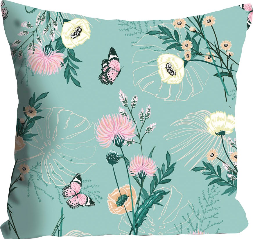 queence Dekokissen »Noemi«, Kissenhülle,Schmetterlinge,Blumen,Türkis,Natur,Frühling,Bunt,Lebendig