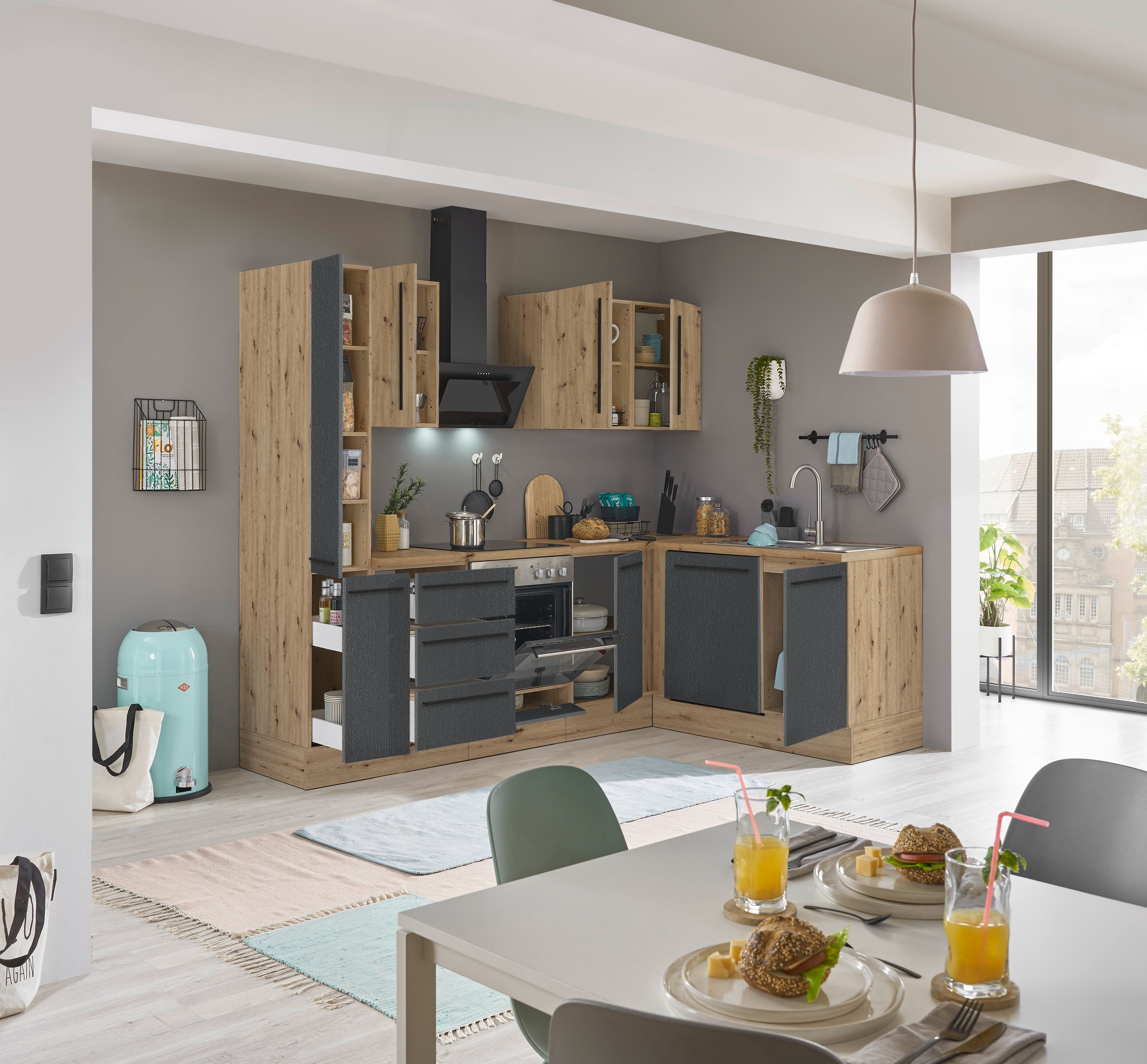 KOCHSTATION Winkelküche »Florida, Stellbreite 250x165 cm«, wahlweise mit E-Geräten, mit Softclose für Türen und Schubkästen