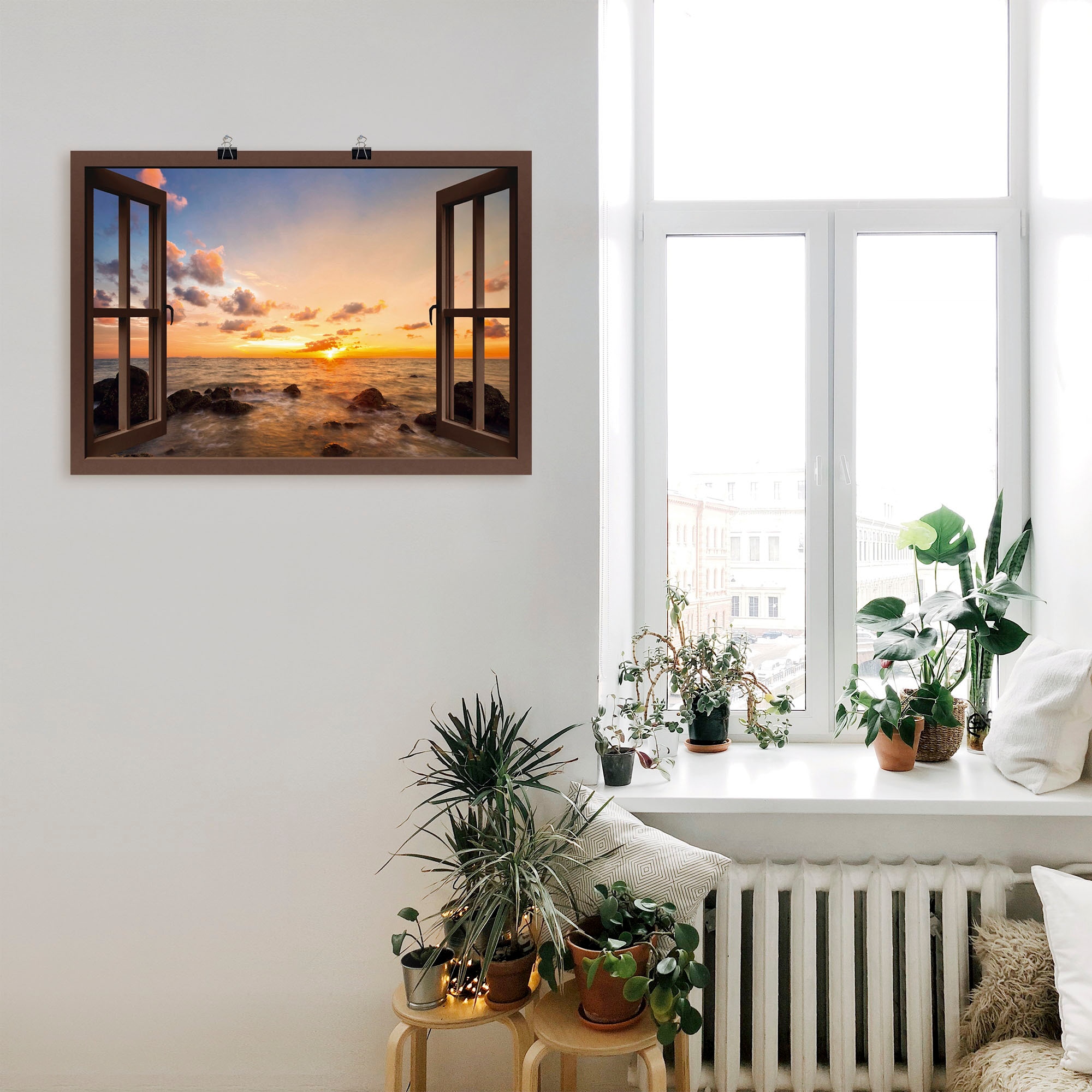 Artland Wandbild »Fensterblick Sonnenuntergang am Meer«, Fensterblick, (1 St.), als Alubild, Outdoorbild, Leinwandbild, Poster, Wandaufkleber