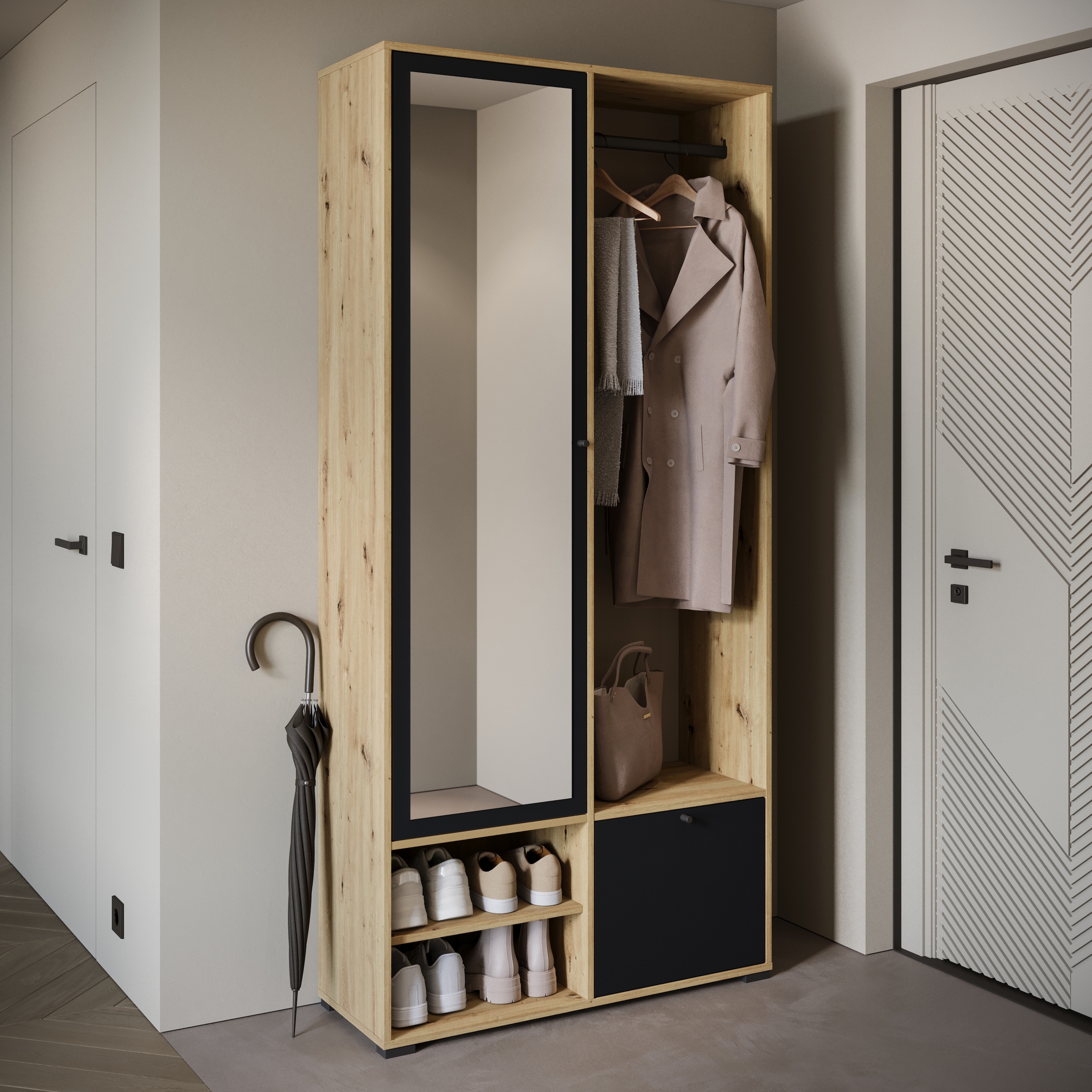 INOSIGN Garderobenschrank »DINO Kompaktgarderobe, Garderoben-Set DINO«, Mit Spiegel und Kleiderstange, 90 cm breit, Türanschlag wechselbar