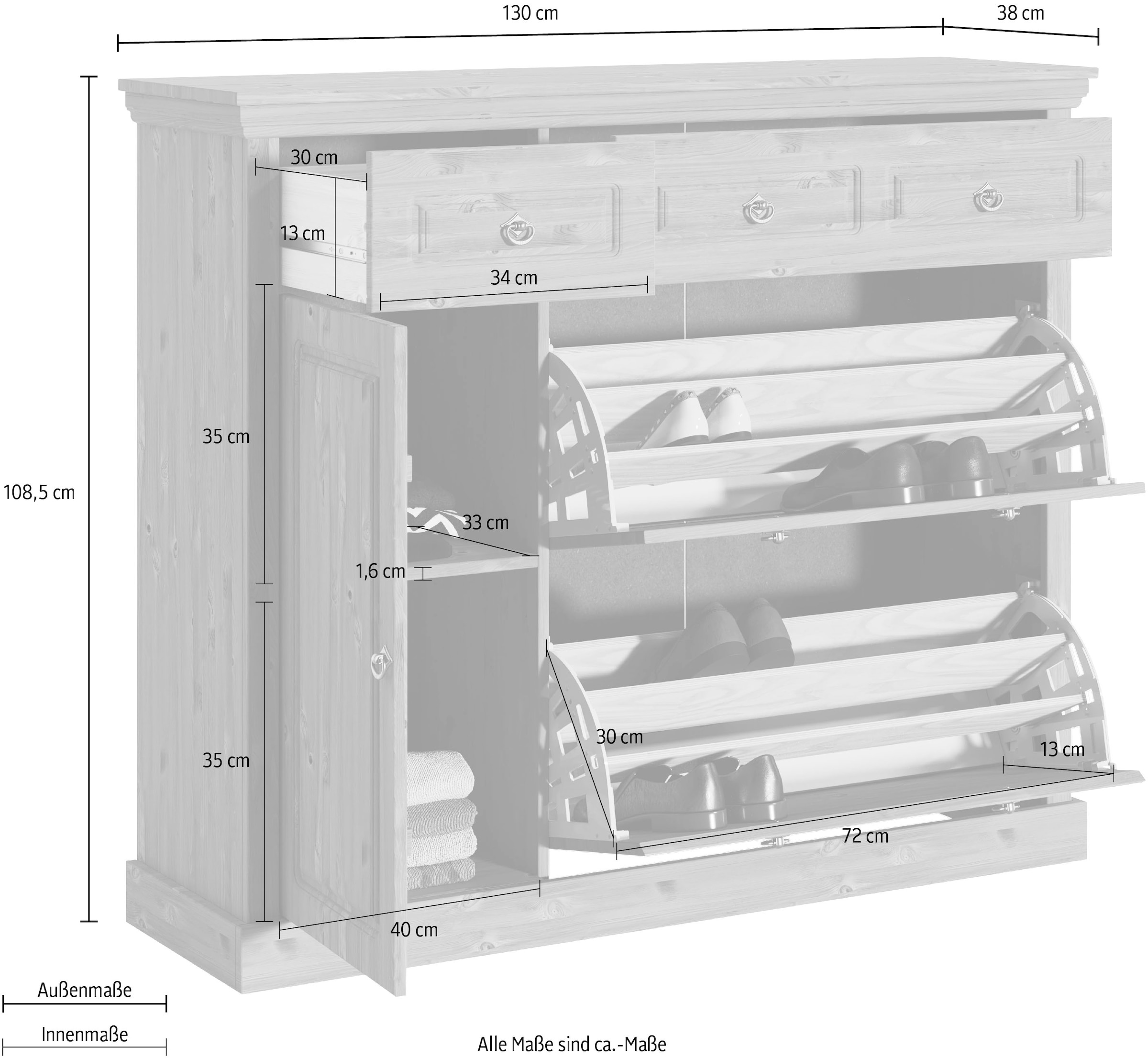 Home affaire Schuhschrank »Basilico«, Schuhkkommode, Breite 130 cm, Kassettenoptik, aus Massivholz, FSC®