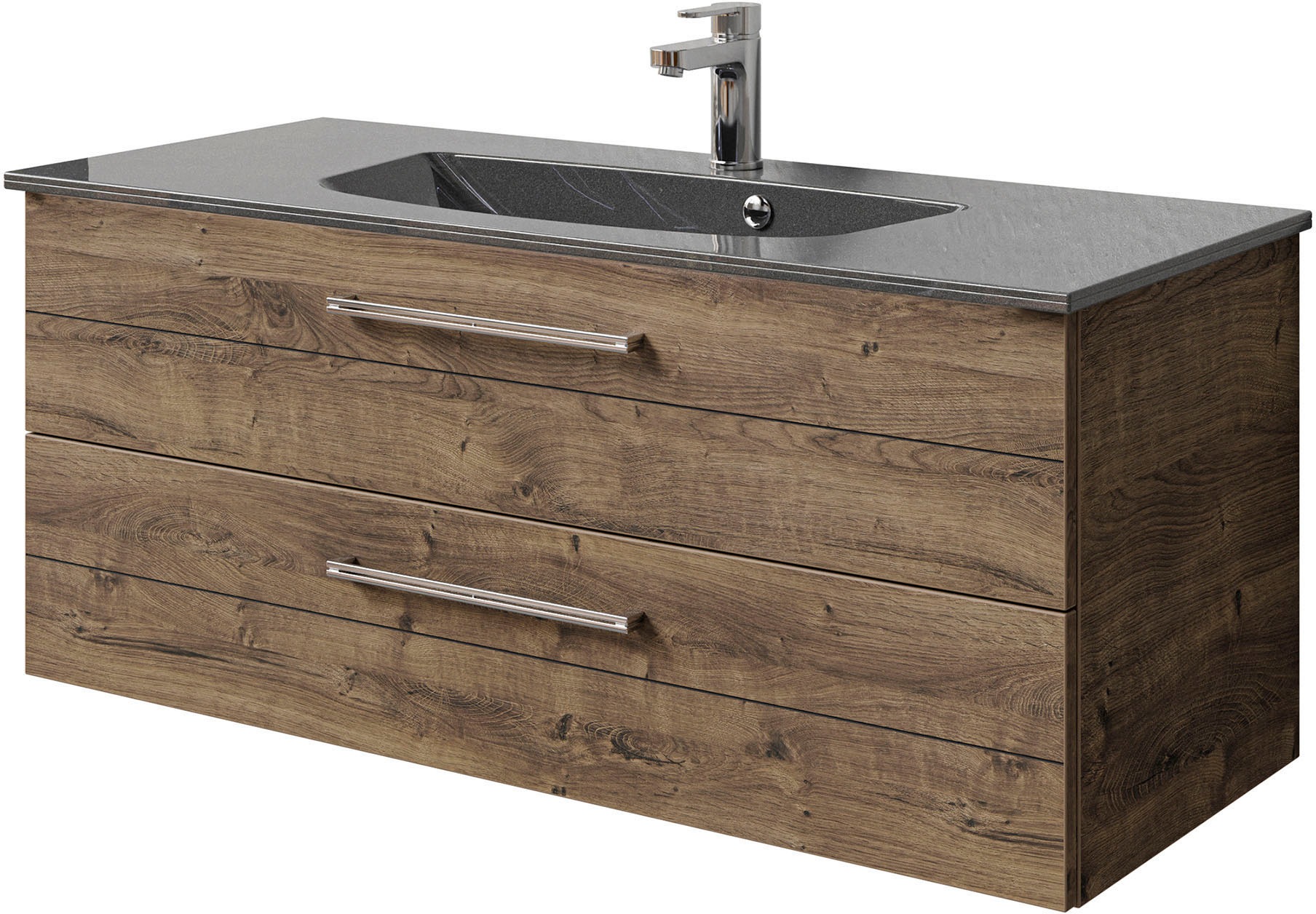 Saphir Badmöbel-Set »Serie 6025 2-teilig Mineralmarmor-Waschtisch mit LED-Spiegelschrank«, (2 St.), Waschplatz 117cm breit, 2 Schubladen, 3 Spiegel-Türen, inkl Türdämpfer