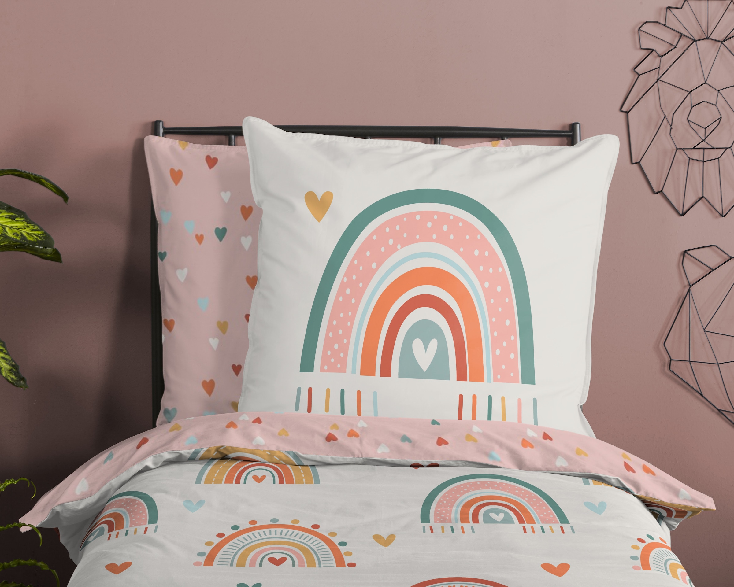 good morning Kinderbettwäsche »Louie«, Baumwolle, Renforcé, Wendeoptik, Baby, Kind, Mädchen, Regenbogen, Rosa