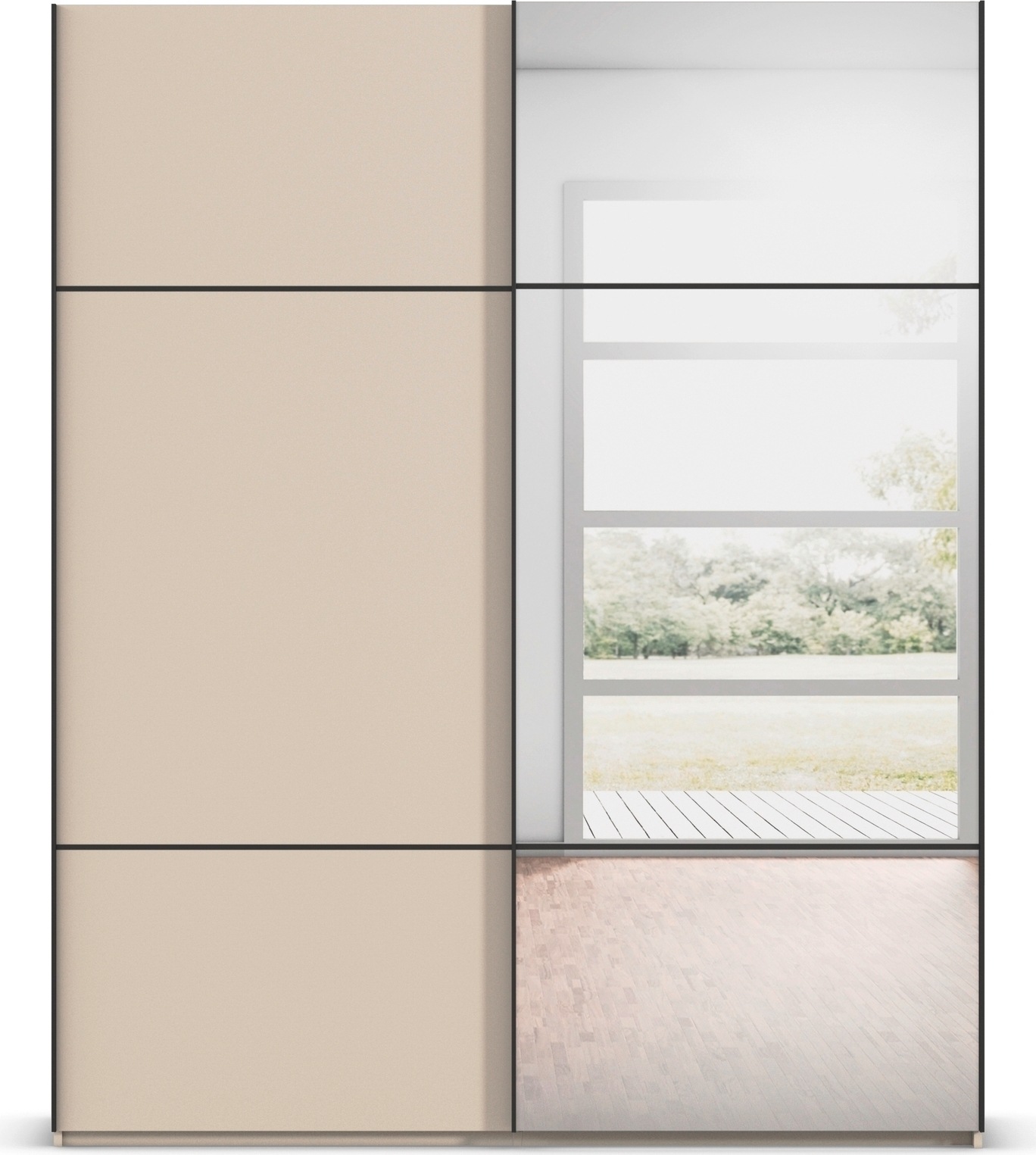 rauch Schwebetürenschrank »Kleiderschrank Schrank Garderobe Schlafzimmerschrank SCALE-TRIO«, edle dreigeteilte Front mit 2 Zierleisten und Spiegel MADE IN GERMANY