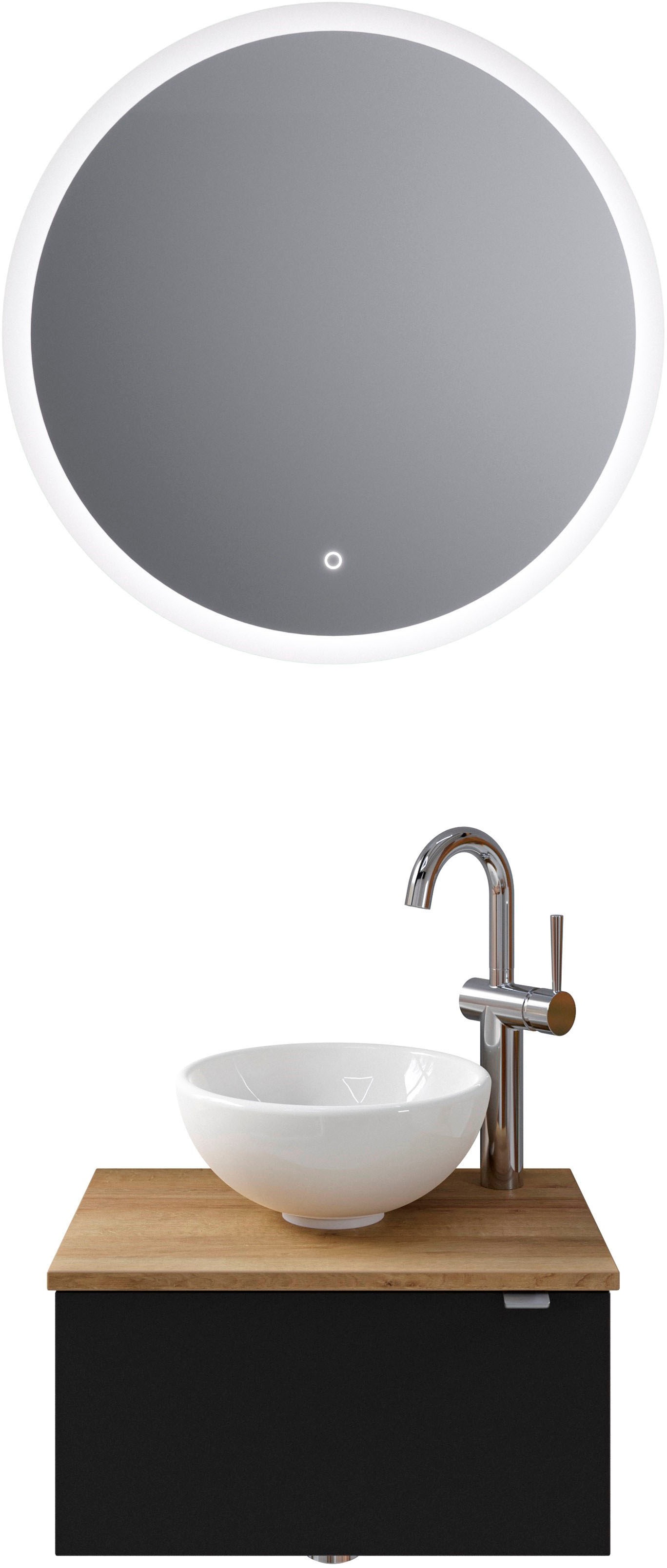 Badmöbel-Set „Serie 6915“, (4 St.), Gäste-Bad, mit LED-Spiegel und 1 Tür, Schwarz Matt Select B/H/T: 70 cm x 200 cm x 35 cm