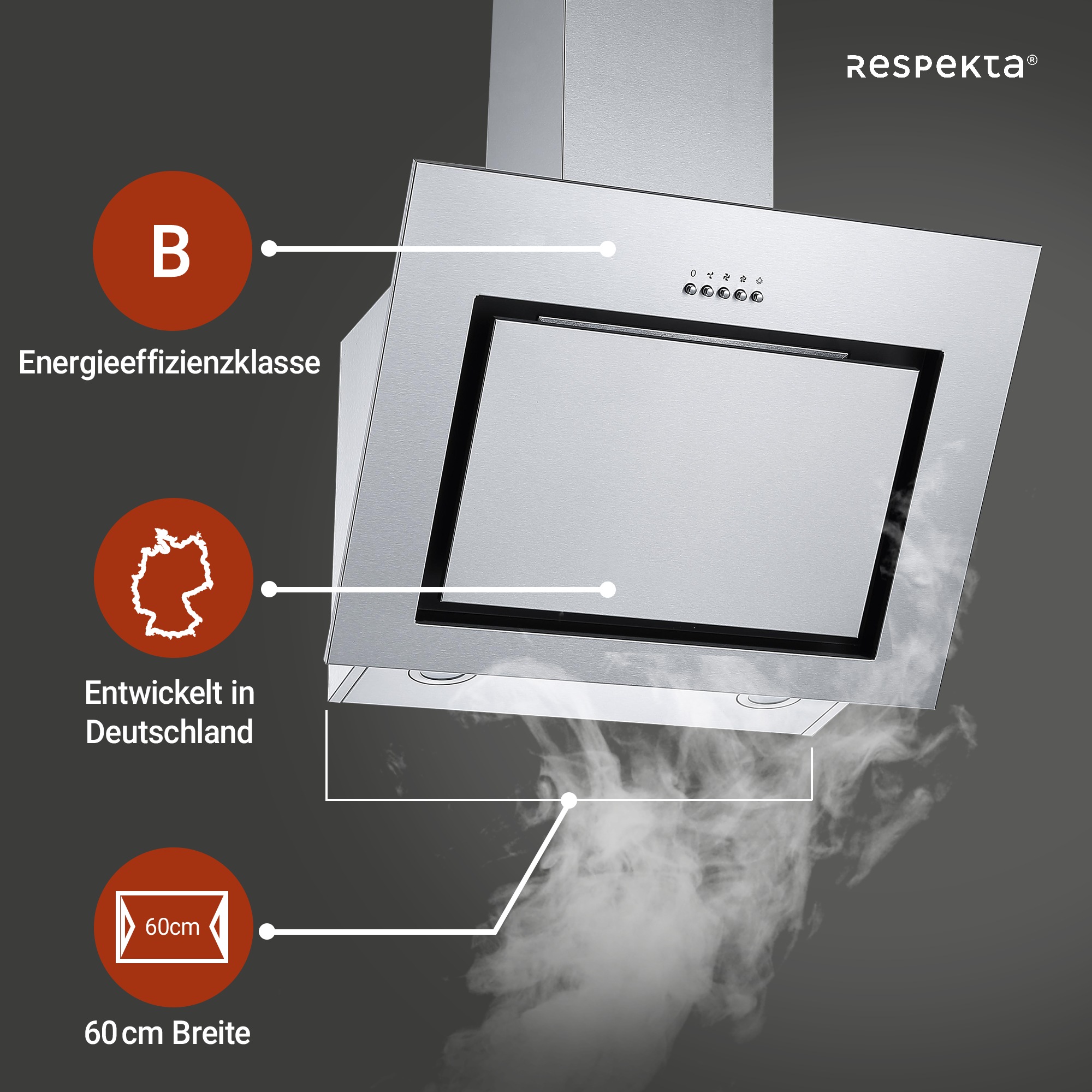 RESPEKTA Kopffreihaube »CH 22020 IXB«, Serie Numa, 60 cm, 3 Leistungsstufen, LED-Beleuchtung, Ab- und Umluftfähig