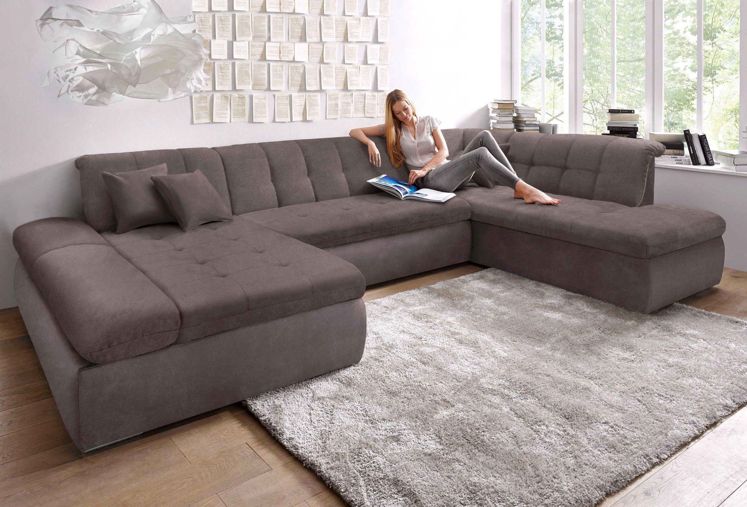 DOMO collection Wohnlandschaft »NMoric im XXL-Format, B/T/H: 353/216/80 cm, incl. Zierkissen U-Form«, wahlweise mit Bettfunktion und Armlehnenverstellung