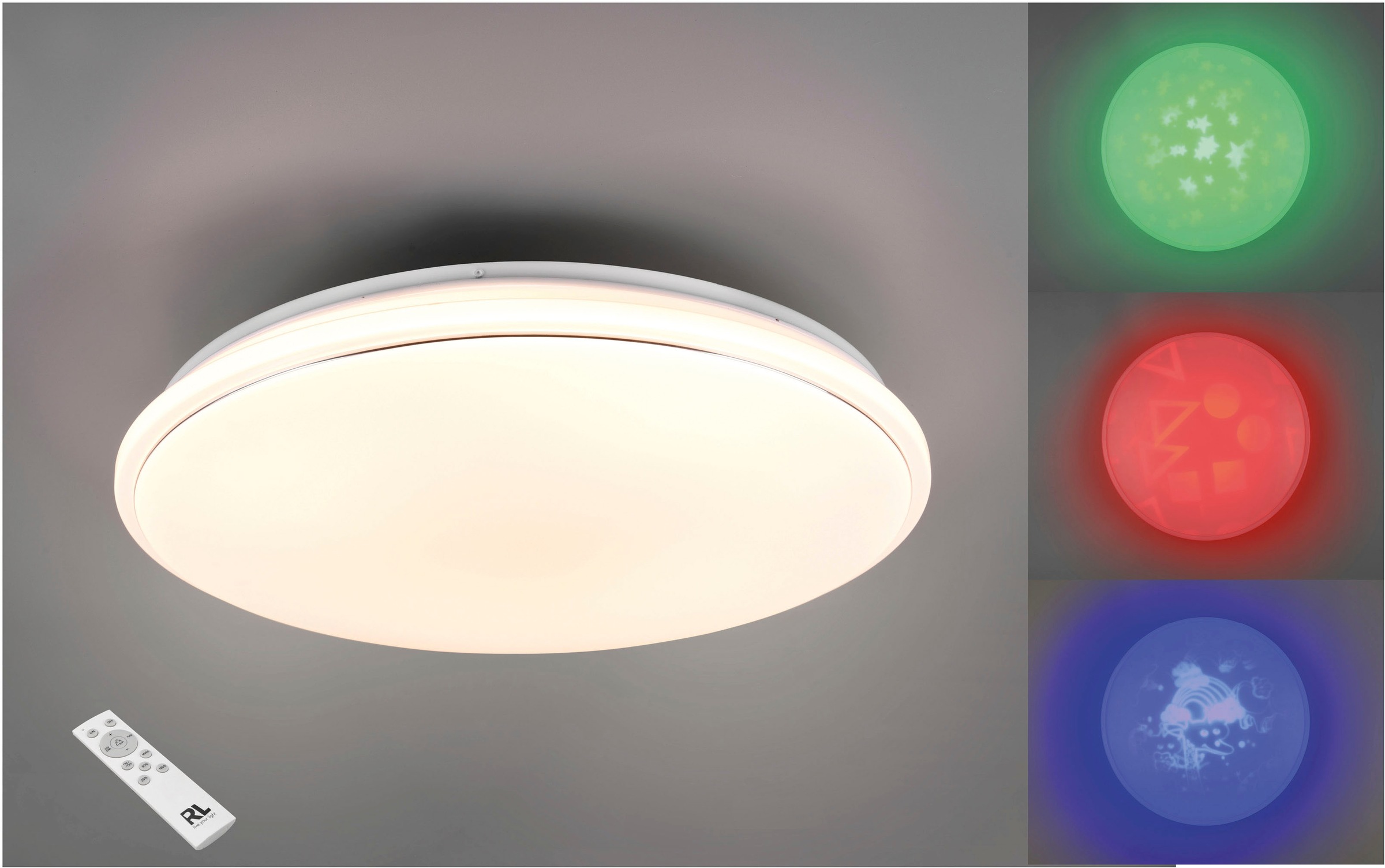 TRIO Leuchten LED Deckenleuchte »TILION«, 1 flammig, Leuchtmittel LED-Board | LED fest integriert, wechselbare Motiv-Effekte, RGB-Farbwechsel, Fernbedienung, dimmbar