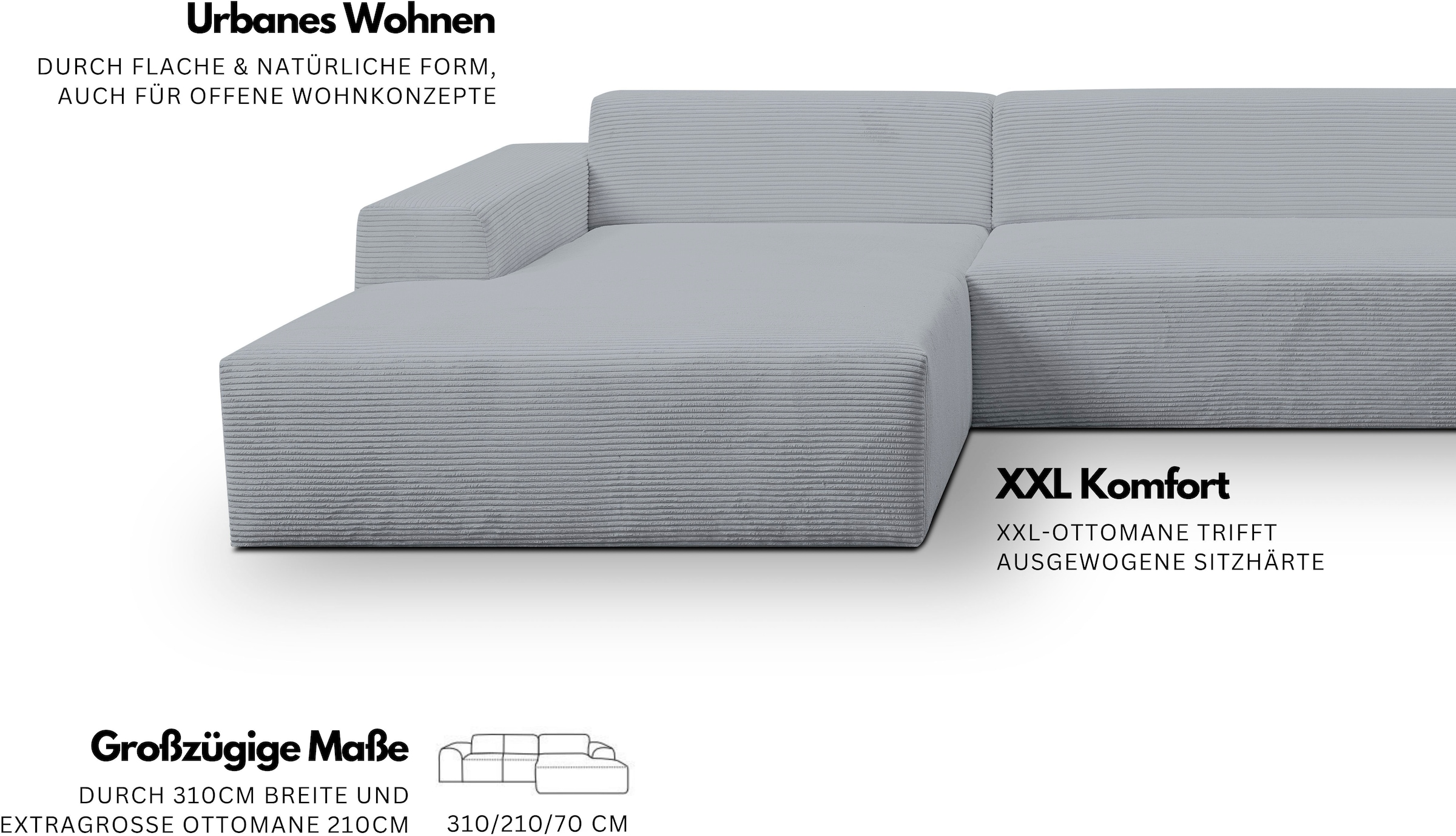 WERK2 Ecksofa »Zeus-XL 311 cm breit, bequemes Mega-Sofa in L-Form, große Sitztiefe« Curvy-trend Chenille Big-Sofa mit 210 cm XXL-Ottomane für 2 Personen