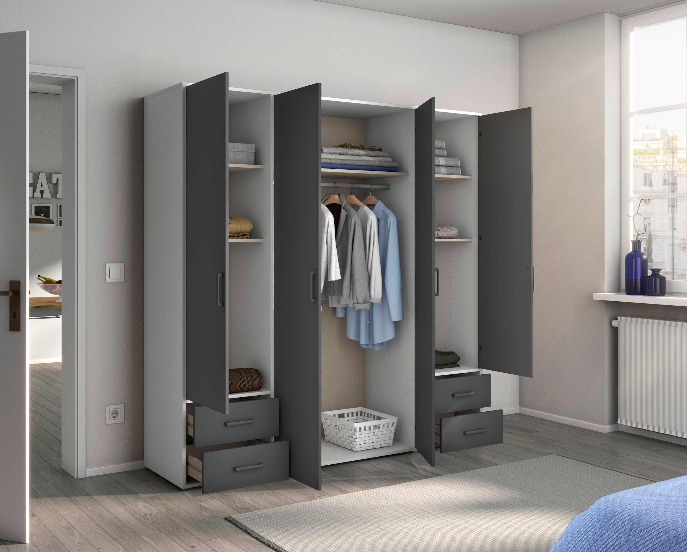 rauch Drehtürenschrank »Kleiderschrank Schrank Garderobe Wäscheschrank VOYAGER«, (in 3 verschiedenen Ausstattungen BASIC/CLASSIC/PREMIUM), moderne Griffe in Graumetallic mit Außenschubkästen MADE IN GERMANY