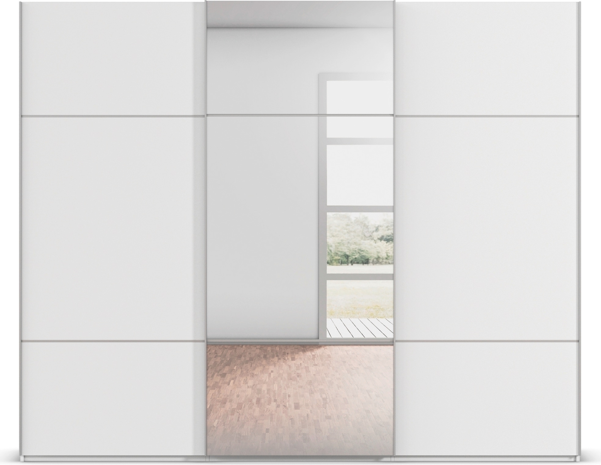 rauch Schwebetürenschrank »Kleiderschrank Schrank Garderobe Schlafzimmerschrank SCALE-TRIO«, edle dreigeteilte Front mit 2 Zierleisten und Spiegel MADE IN GERMANY