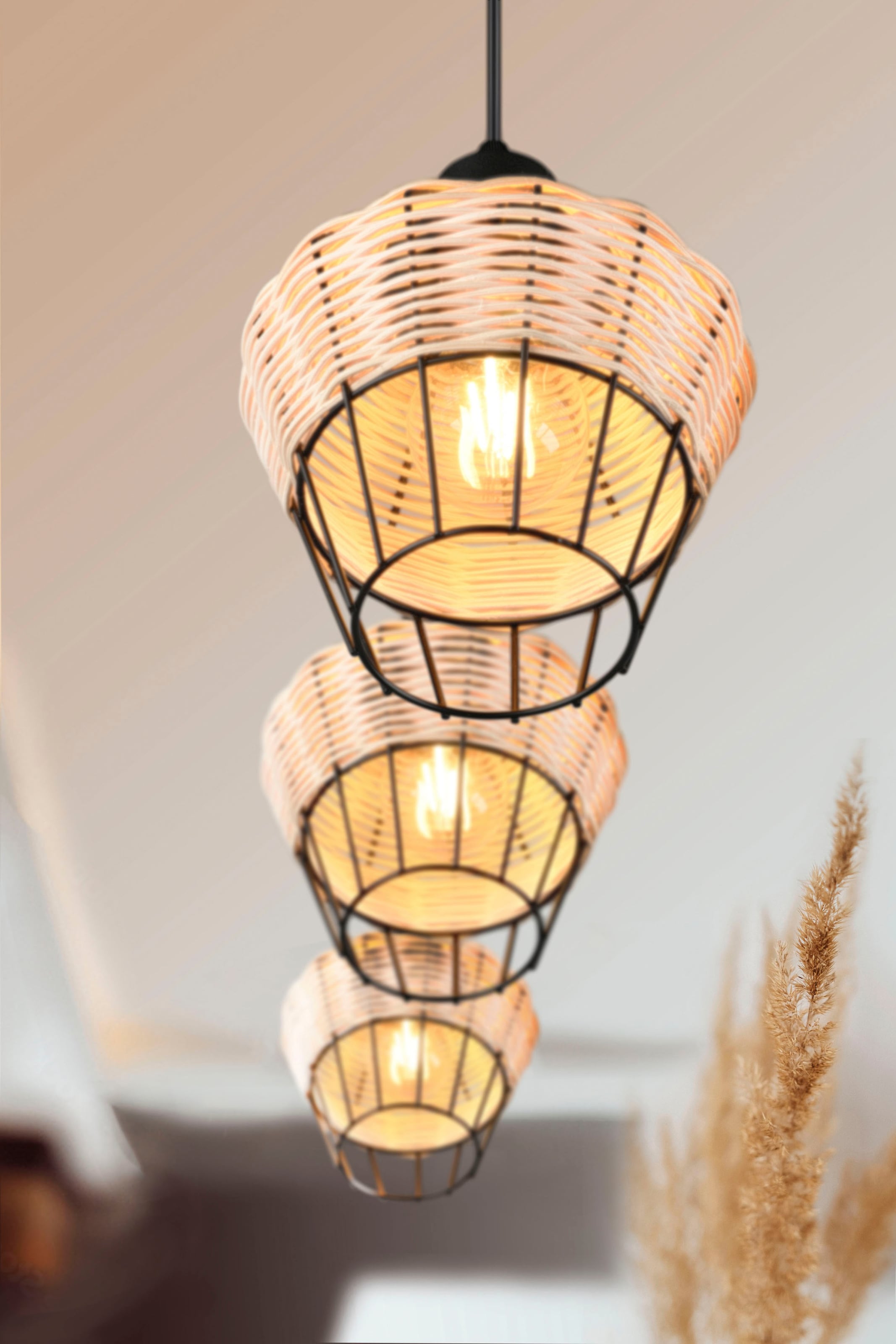 REALITY Leuchten Pendelleuchte »Borka«, 3 flammig, Leuchtmittel E27 | ohne Leuchtmittel, Boho Hängelampe aus Rattan 3-flammig exkl E27 max 40W höhenverstellbar