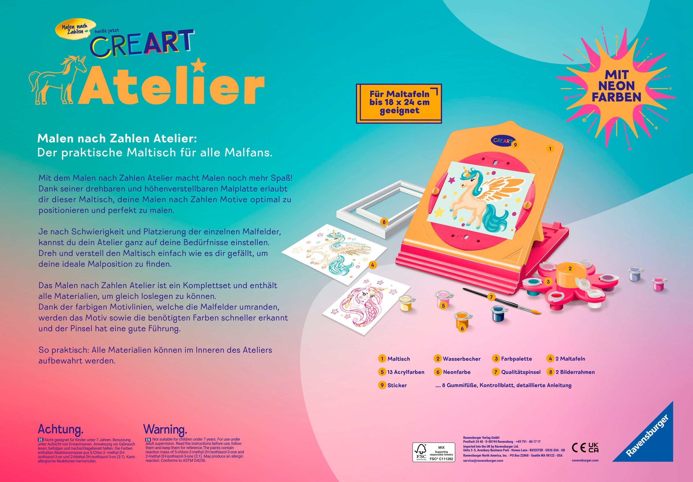 Ravensburger Malen nach Zahlen »CreArt, Malen nach Zahlen - Neon Atelier Einhorn«, Made in Europe