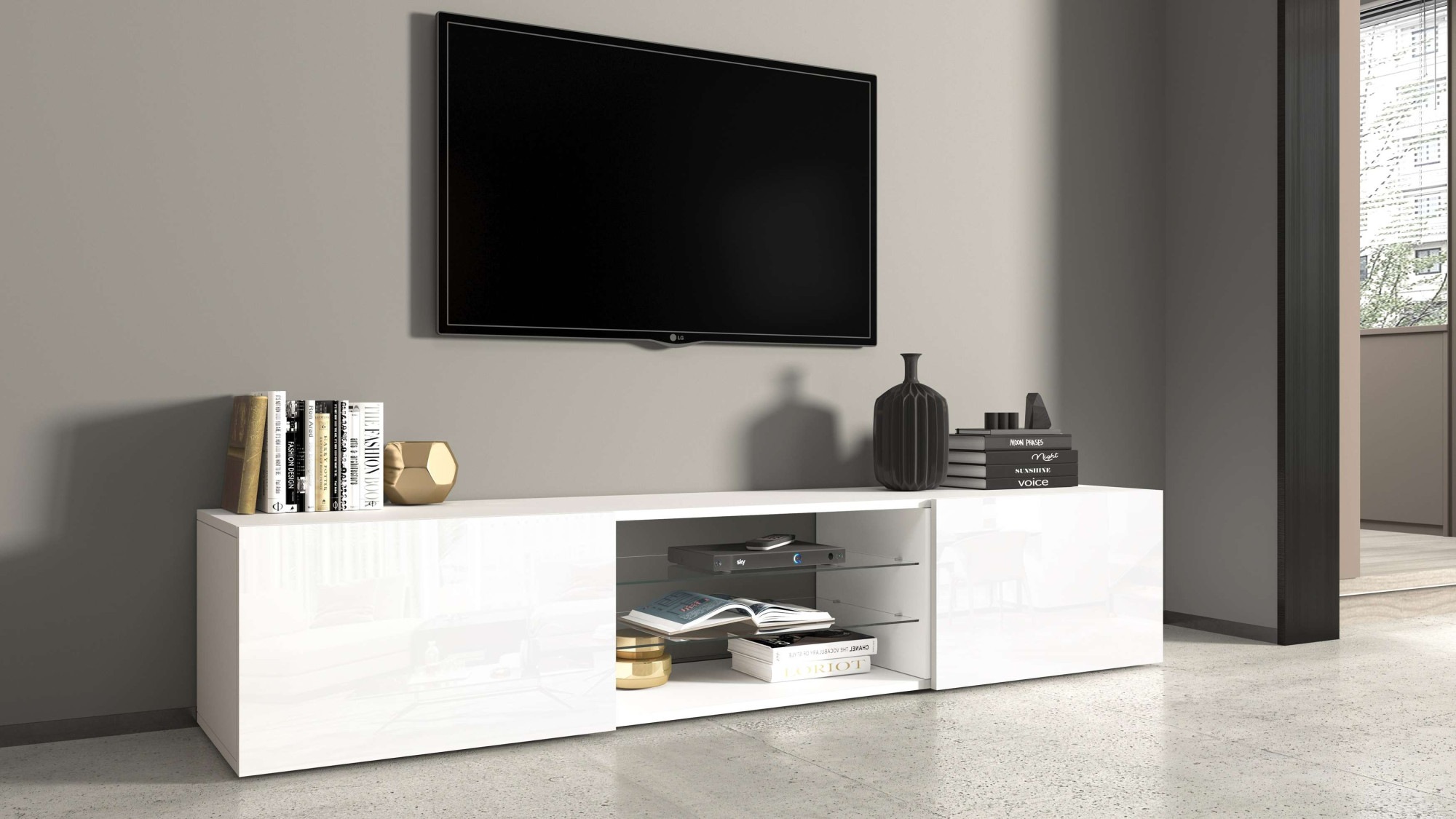 INOSIGN Lowboard »Egypt,Lowboard,TV-Kommode,TV-Möbel,TV-Bank«, mit 2 Klappen, 2 Glasböden,kompl. Hochgl. lackiert (B/T/H)180x38x35 cm