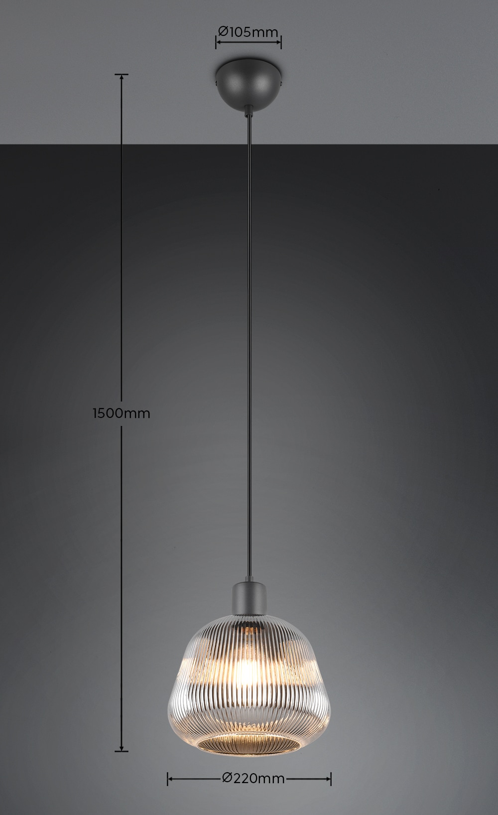 TRIO Leuchten Pendelleuchte »TARIFA, 1-flammige Hängeleuchte exkl 1xE27 max 25W, Glas Hängelampe«, 1 flammig, Leuchtmittel E27 | Leuchtmittel wechselbar, höhenverstellbar max 150cm Glas in Riffeloptik und leicht verspiegelt