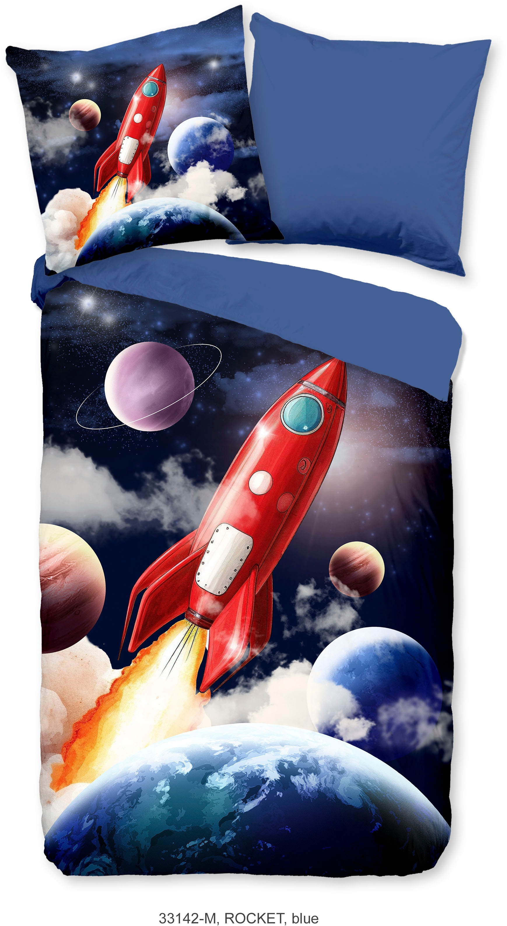 PURE luxury collection Kinderbettwäsche »Rocket«, Mikrofaser, 135x200, Wende, Kind, Junge, Rakete Weltraum Weltall, Blau