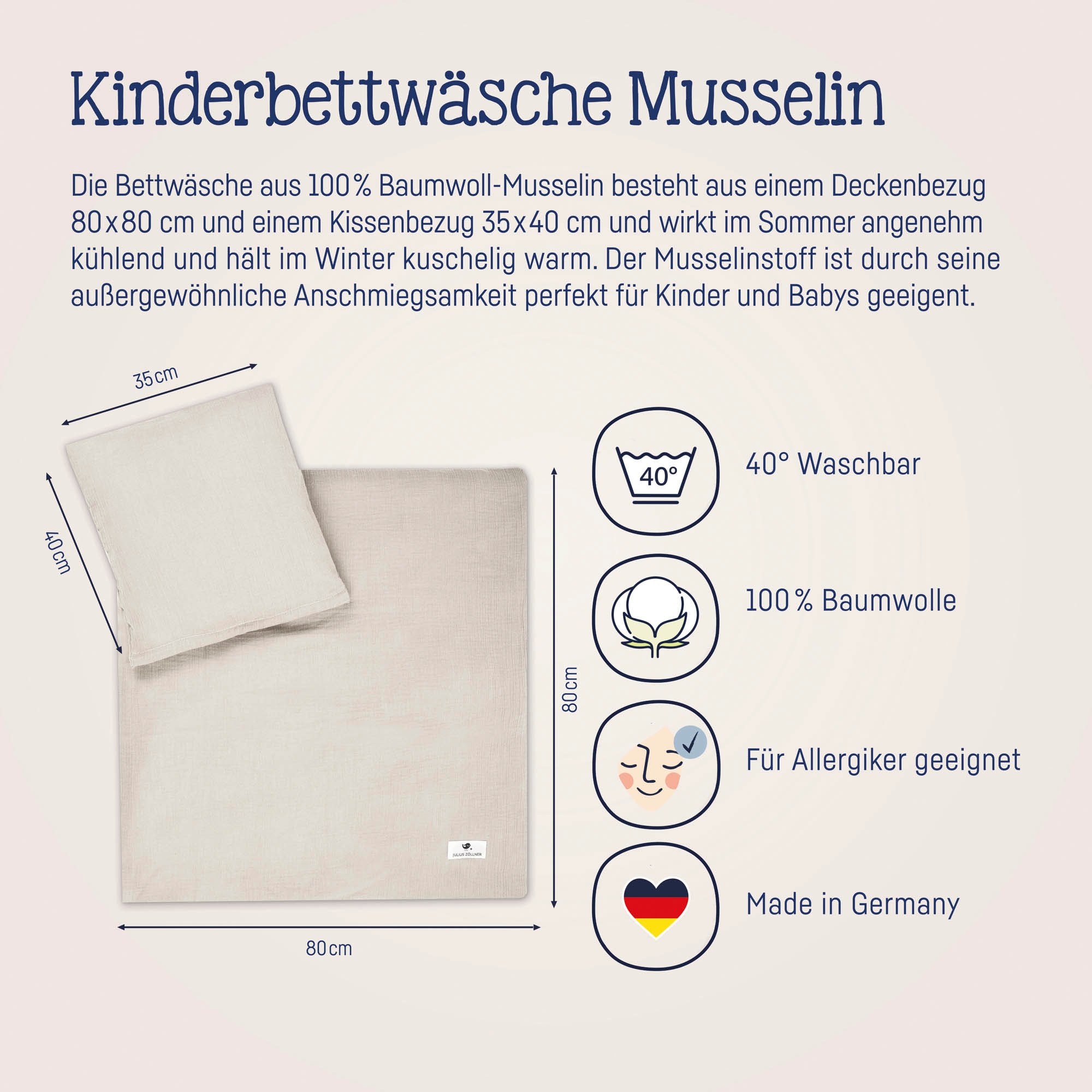 Julius Zöllner Kinderbettwäsche »Baby- und Kinderbettwäsche aus 100% Musselin« 2 Stk. erhältlich in den Größen 80x80+35x40cm und 100x135+40x60cm