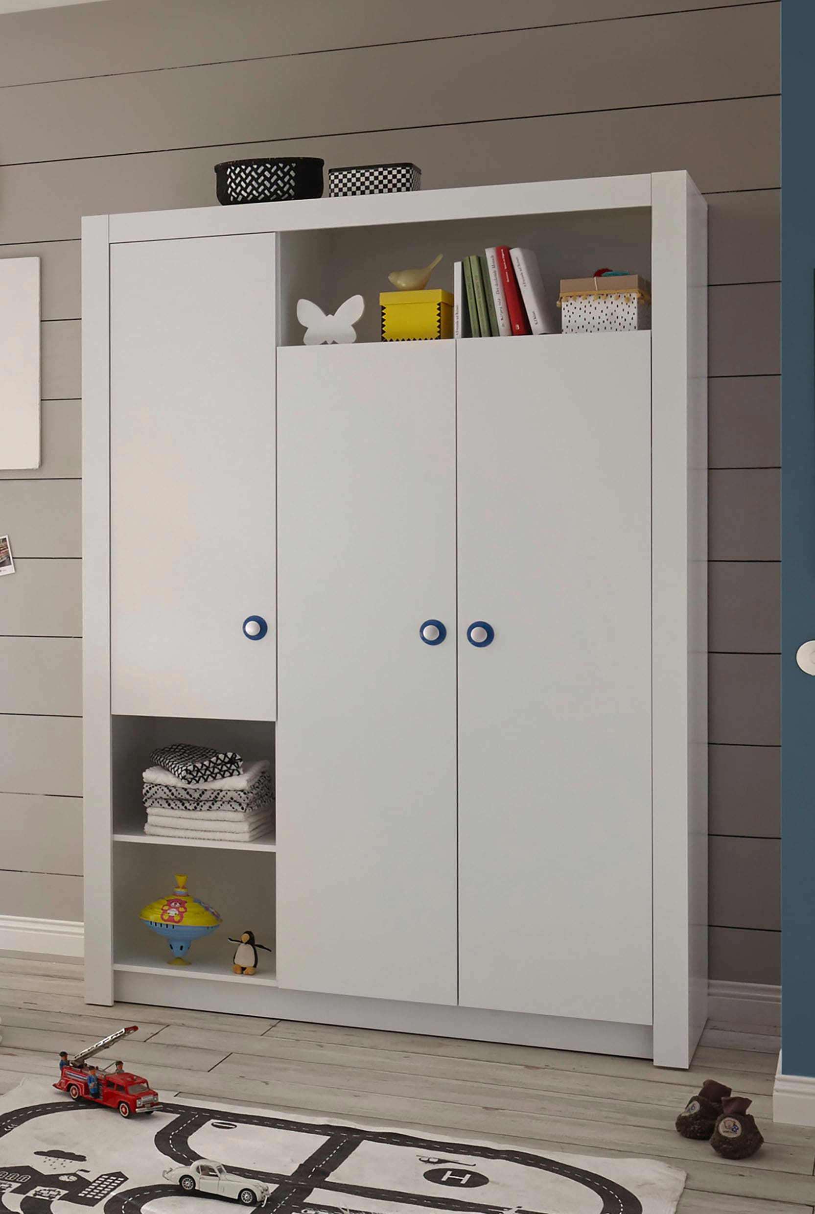 Begabino Drehtürenschrank »Paula Kinderzimmerschrank Kleiderschrank«, 3-trg. Weiß, Schrank mit offenen Fächer