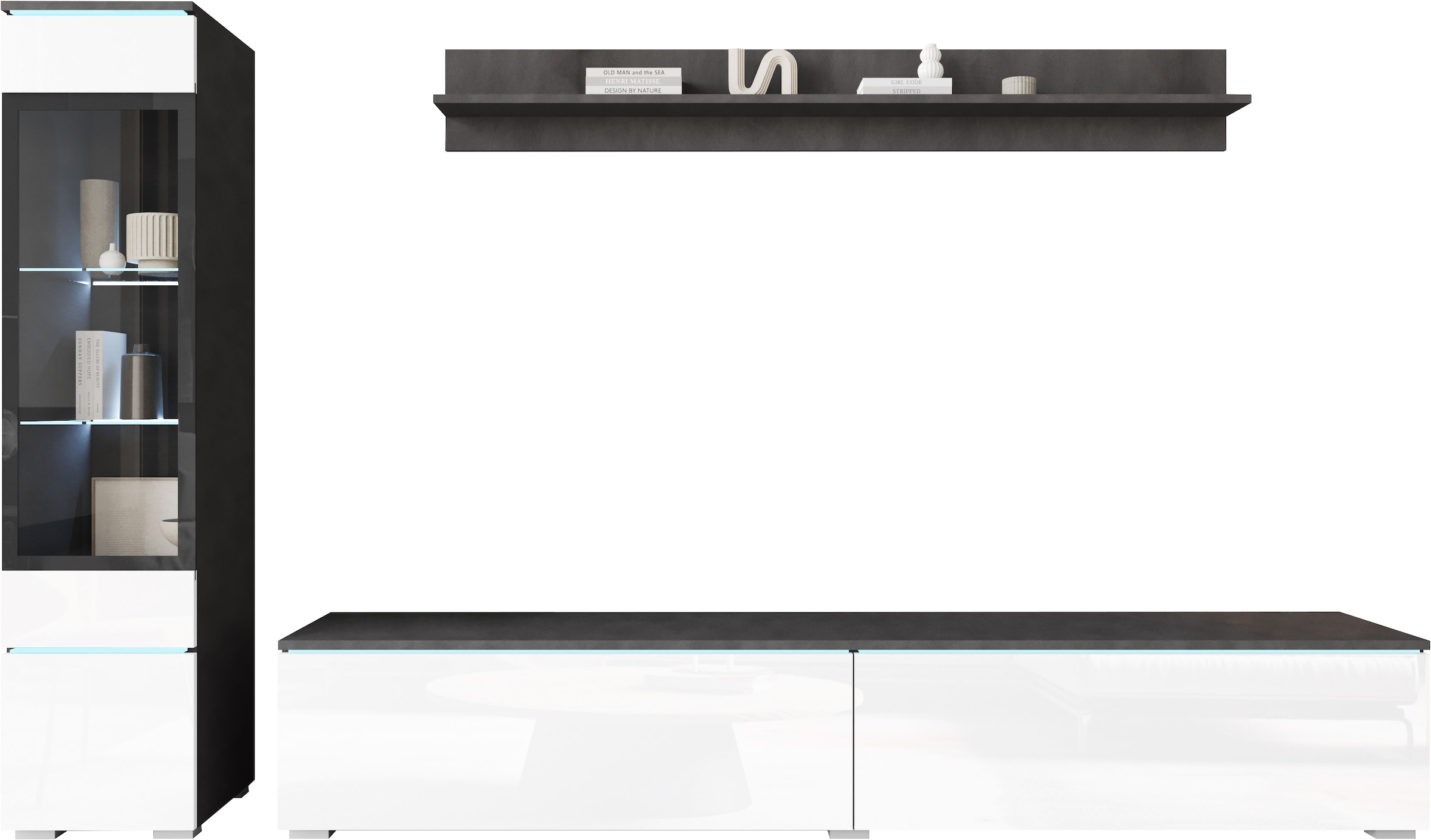 INOSIGN Wohnwand »VERA I, Vitrinen Türanschlag links/rechts wechselbar«, (Komplett-Set, 3 St.), Mediawand 230 cm, Vitrine mit Verglasung, stehend und hängend