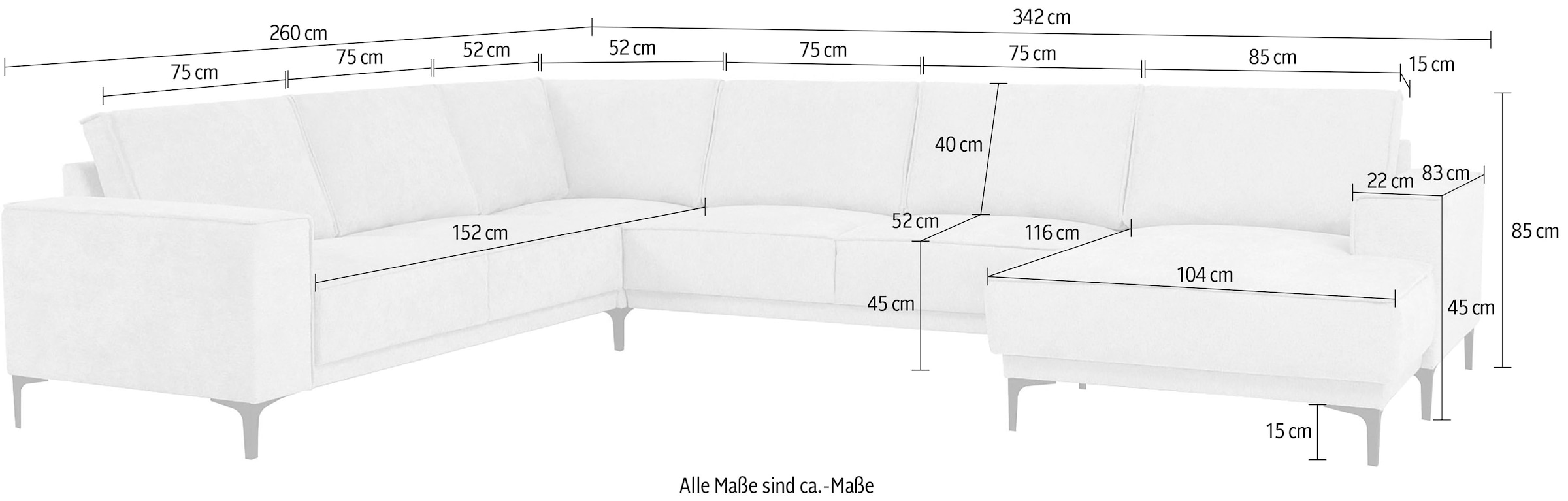 Places of Style Wohnlandschaft »XXL Sofa Oland, Struktur, Flachgewebe, Luxus-Microfaser, Boucle«, U-Form, 342 cm, Wellenunterfederung, Skandi-Design, Metallfüße
