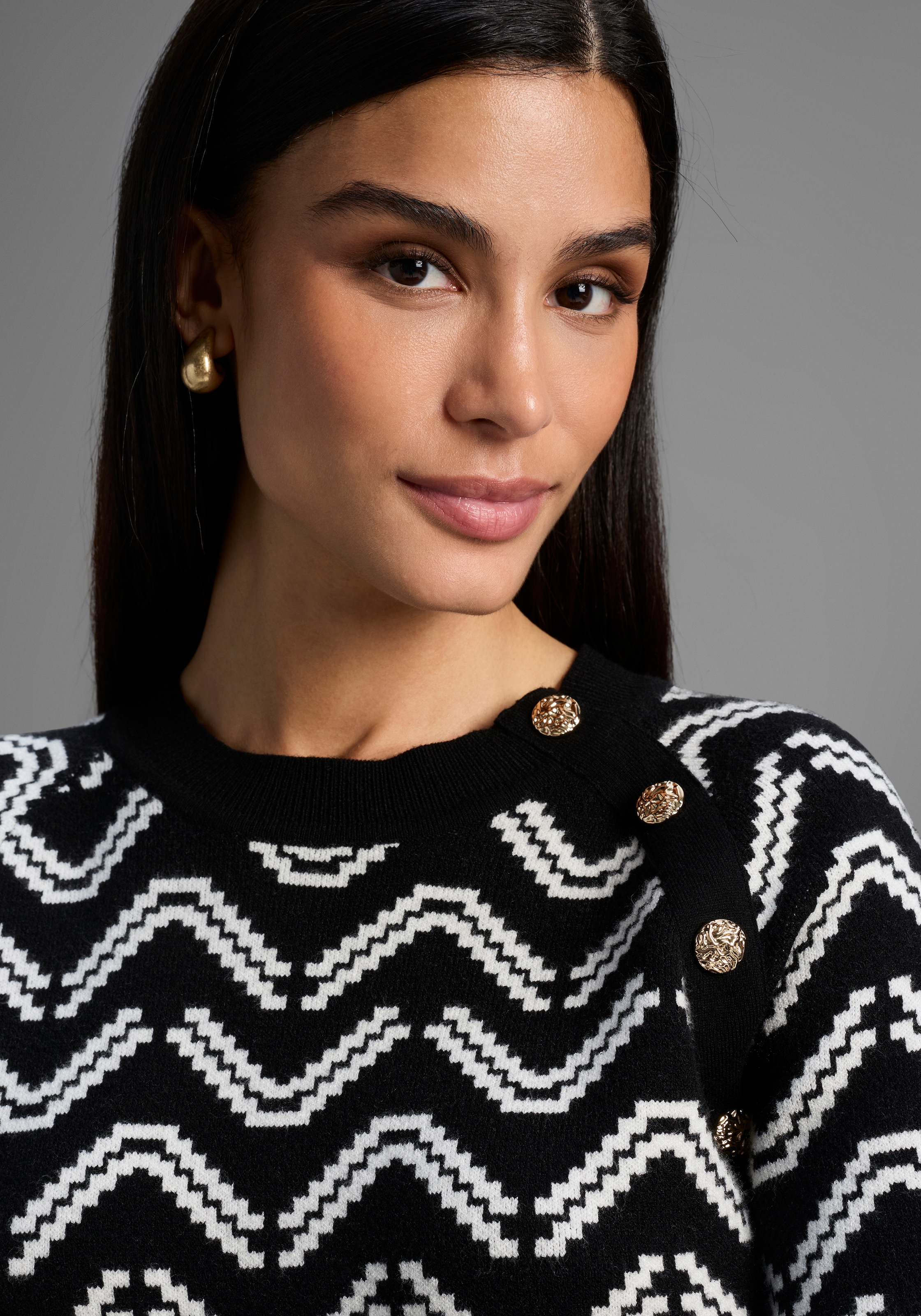 Laura Scott Rundhalspullover kuscheliger Strick mit Jaquardmuster und Knöpfen - NEUE KOLLEKTION