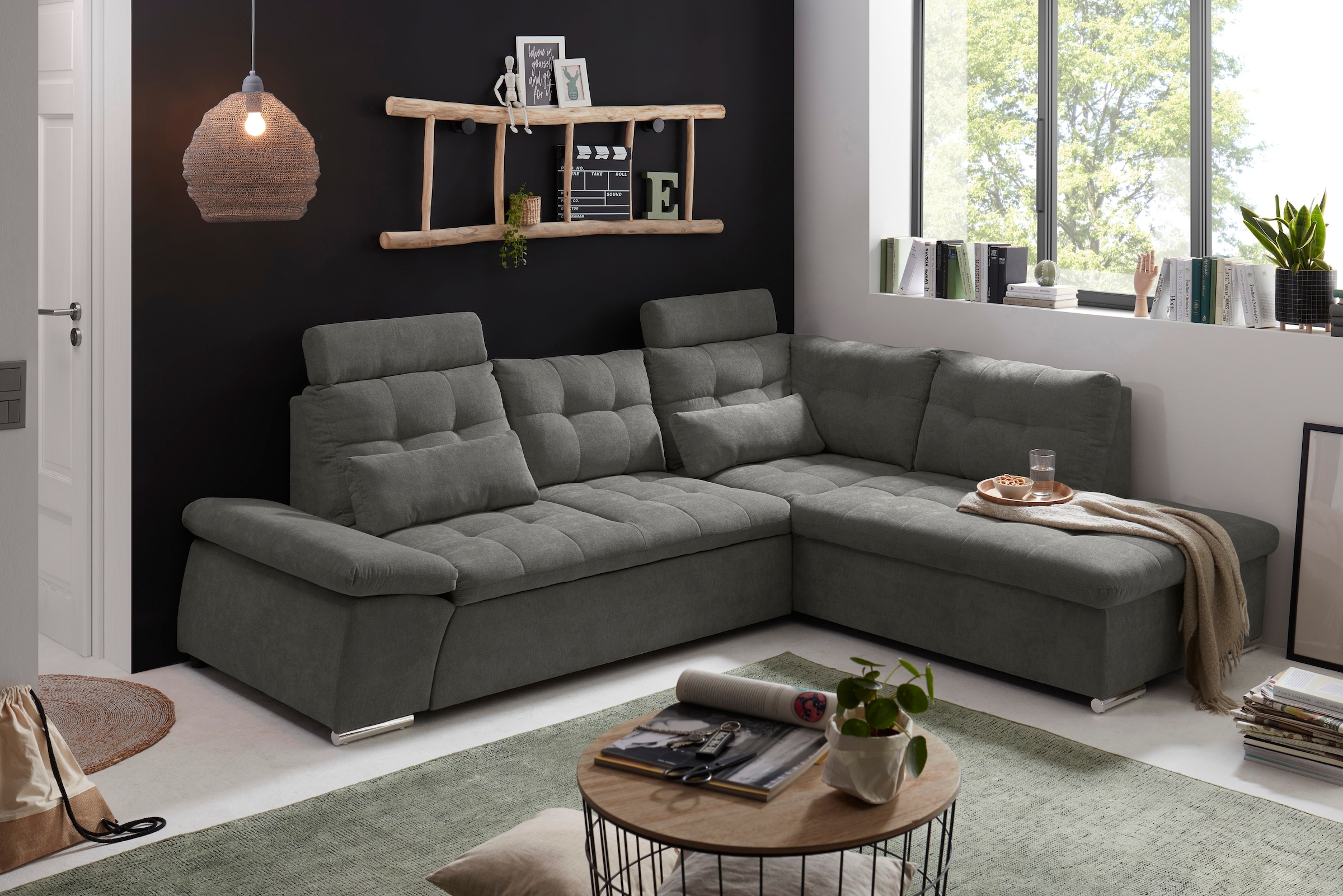 ED EXCITING DESIGN Ecksofa »Nalo L-Form« mit Bettfunktion, Armteilverstellung, Kopfstützen & 2 Nierenkissen