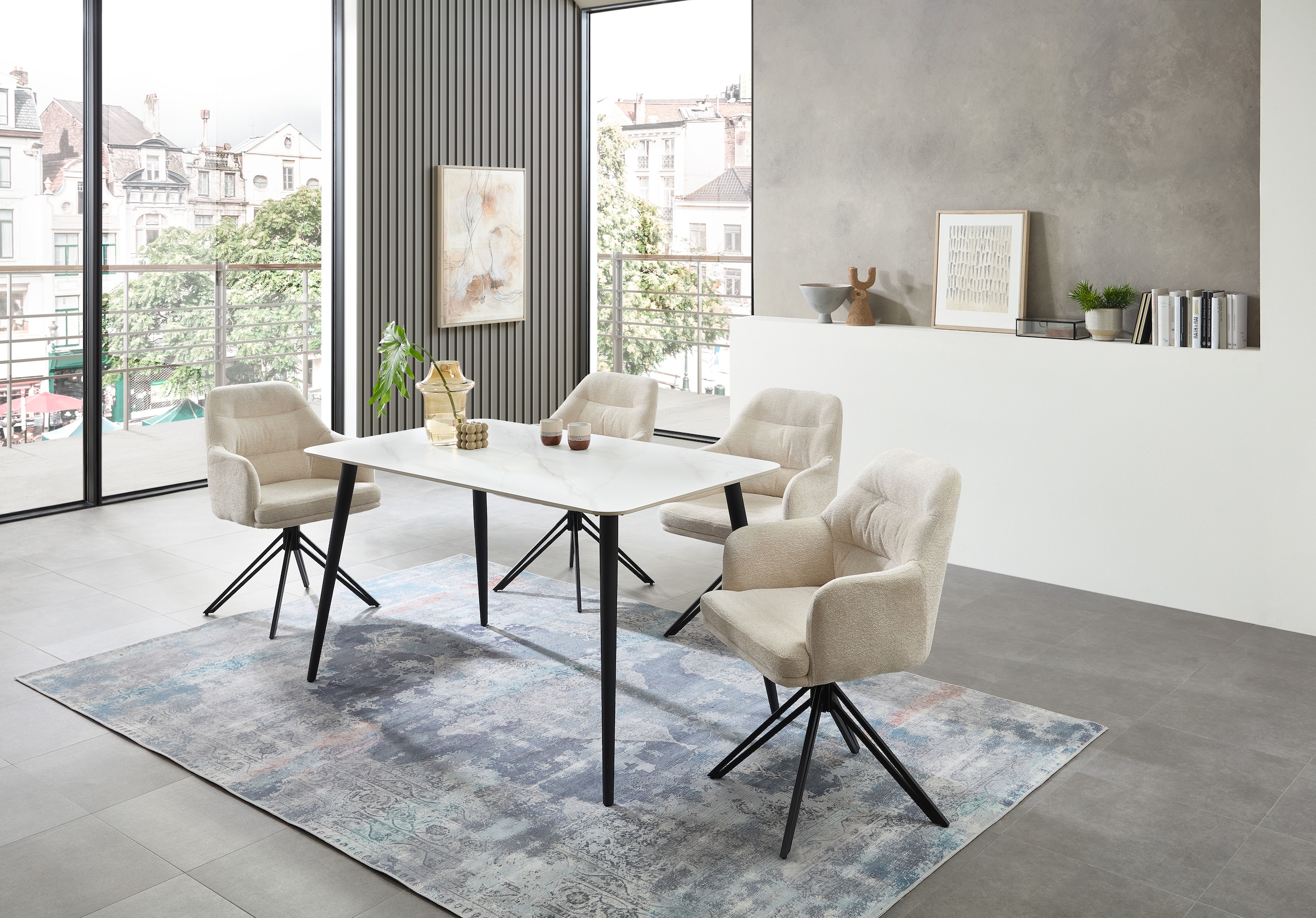 Stolkom Esstisch »Cody Esszimmertisch Keramik, Weiß marmoriert, BxHxT 140x76x80 cm«, Keramikoberfläche weiß marmoriert, 4-Fuß Gestell Schwarz matt