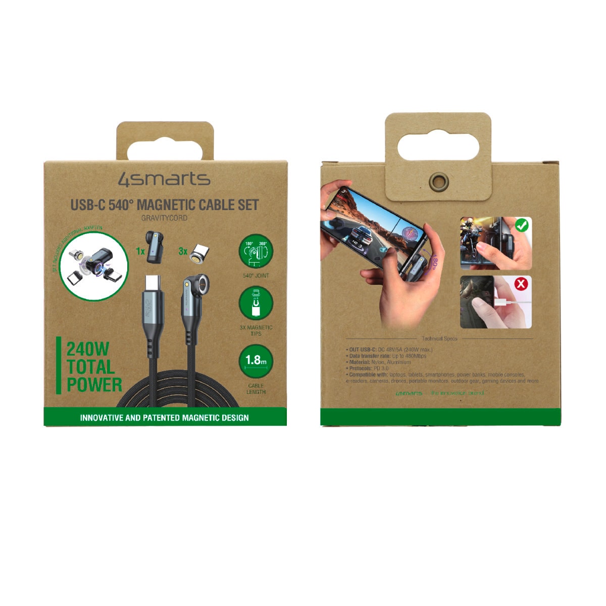 4smarts USB-Kabel »USB-C 540° Magnetkabel-Set GravityCord 240W« USB Typ C 180 cm