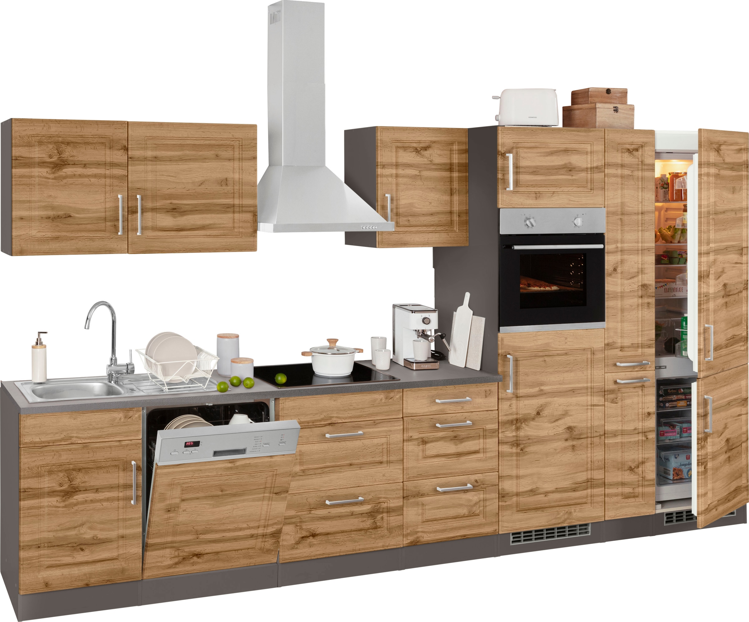 HELD MÖBEL Küchenzeile »Stockholm«, Breite 370 cm, mit hochwertigen MDF Fronten im Landhaus-Stil