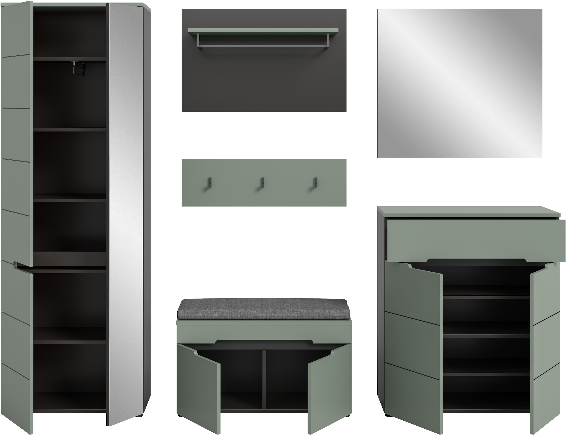 INOSIGN Garderoben-Set, (Set, 6 St., Schrank, Sitzbank, Sitzkissen, Paneel, Hakenleiste, Spiegel, Kommode), Garderobenkombination, Kombination, Set, Flurgarderobe, Diele