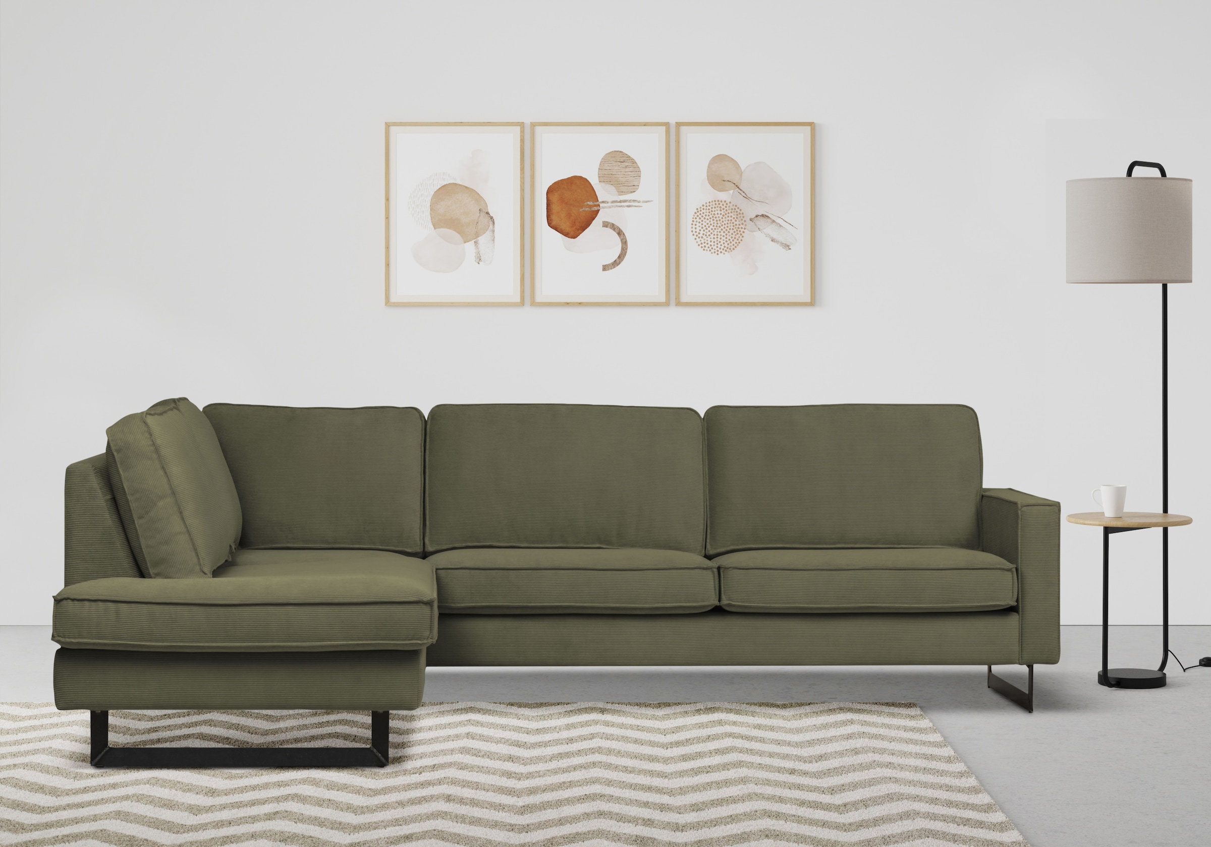 Places of Style Ecksofa »Pinto, 290 cm, Cord, Chenille, Lederoptik, Ottomane links / rechts«, mit Keder, schwarze Metallfüße, Wellenunterfederung
