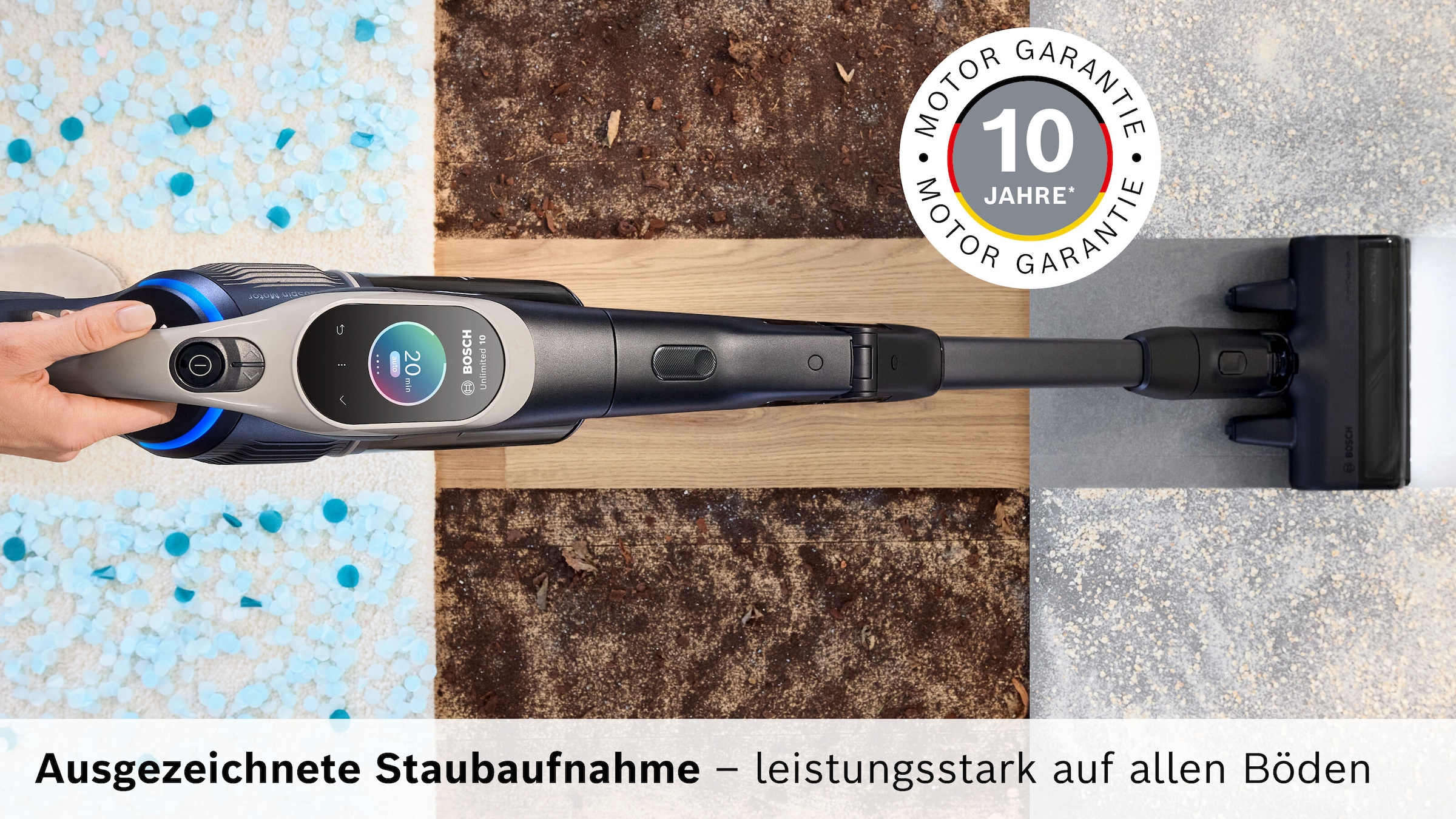 BOSCH Akku-Stielstaubsauger »Unlimited 10 BKS1051GQC, MicroClean™ Technology, Display, Knickrohr«, HEPA-Filtersystem, 10 Jahre Motorgarantie, Schnellladegerät, grau