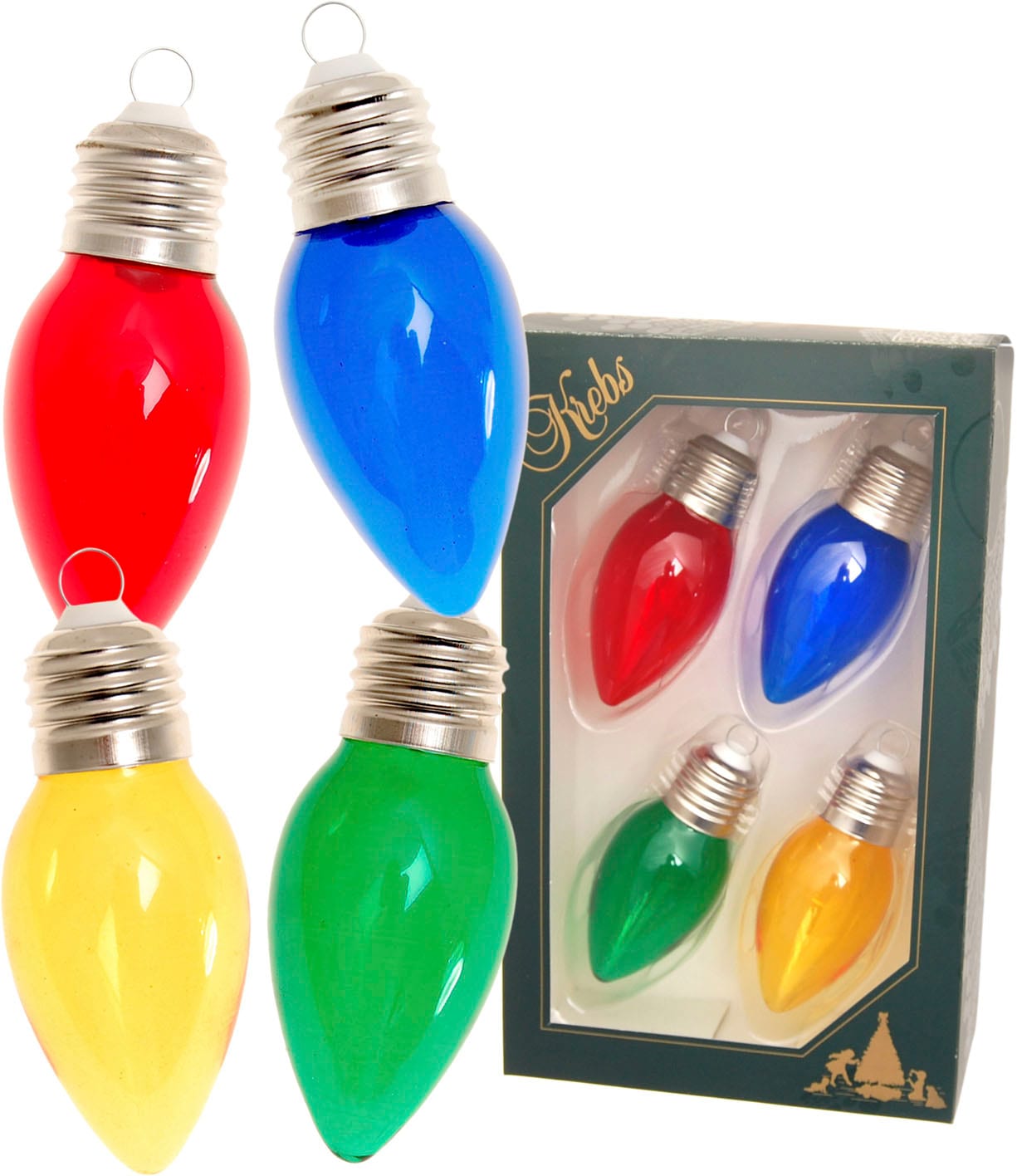 Krebs Glas Lauscha Christbaumschmuck »Glühbirne rot/goldfarben/grün/blau, Höhe ca. 9 cm«, (Set, 4 tlg.), Weihnachtsdeko, Christbaumkugeln aus Glas, Weihnachtsbaumkugel