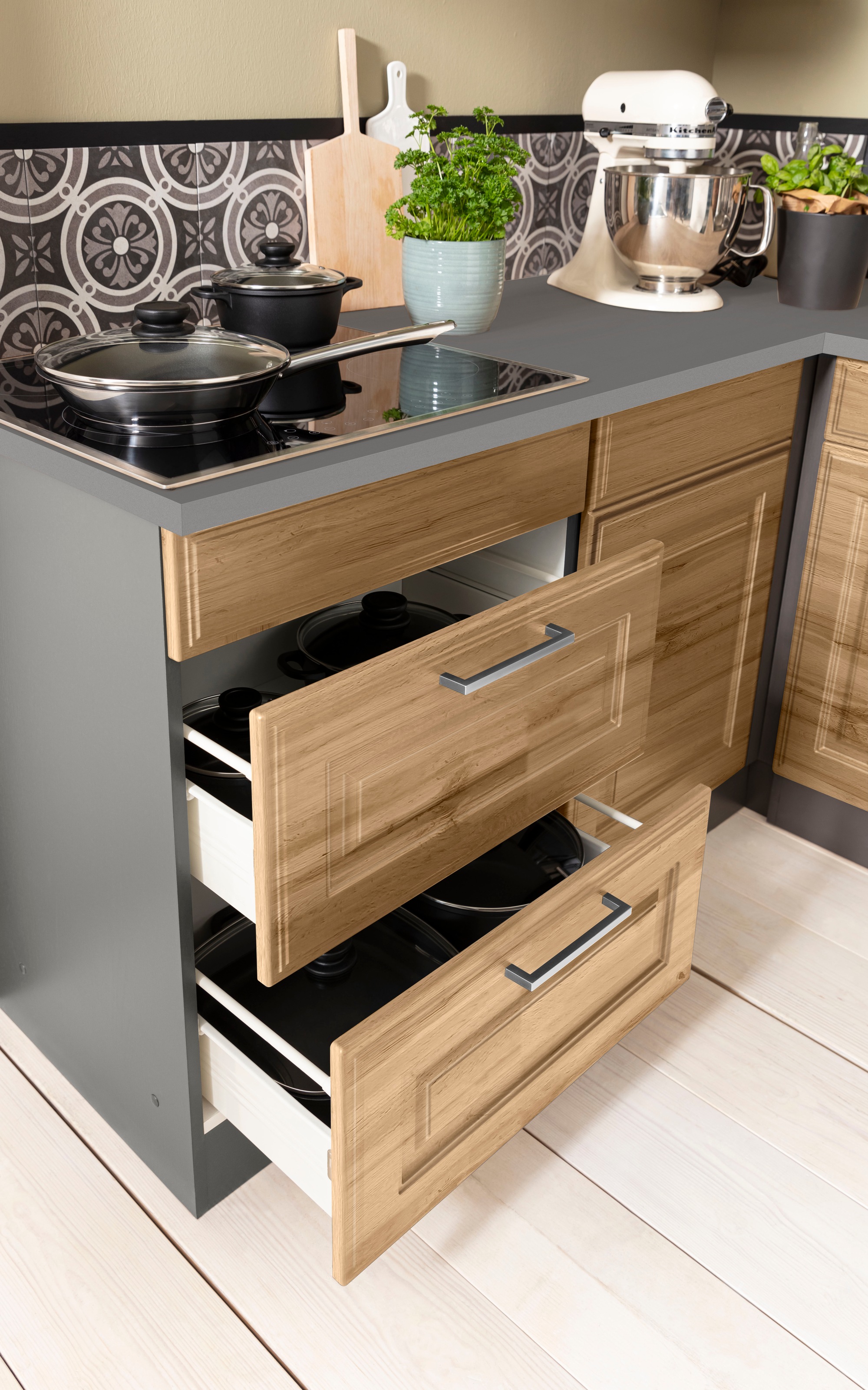 HELD MÖBEL Winkelküche »Stockholm«, Stellbreite 320/170 cm, mit hochwertigen MDF Fronten im Landhaus-Stil