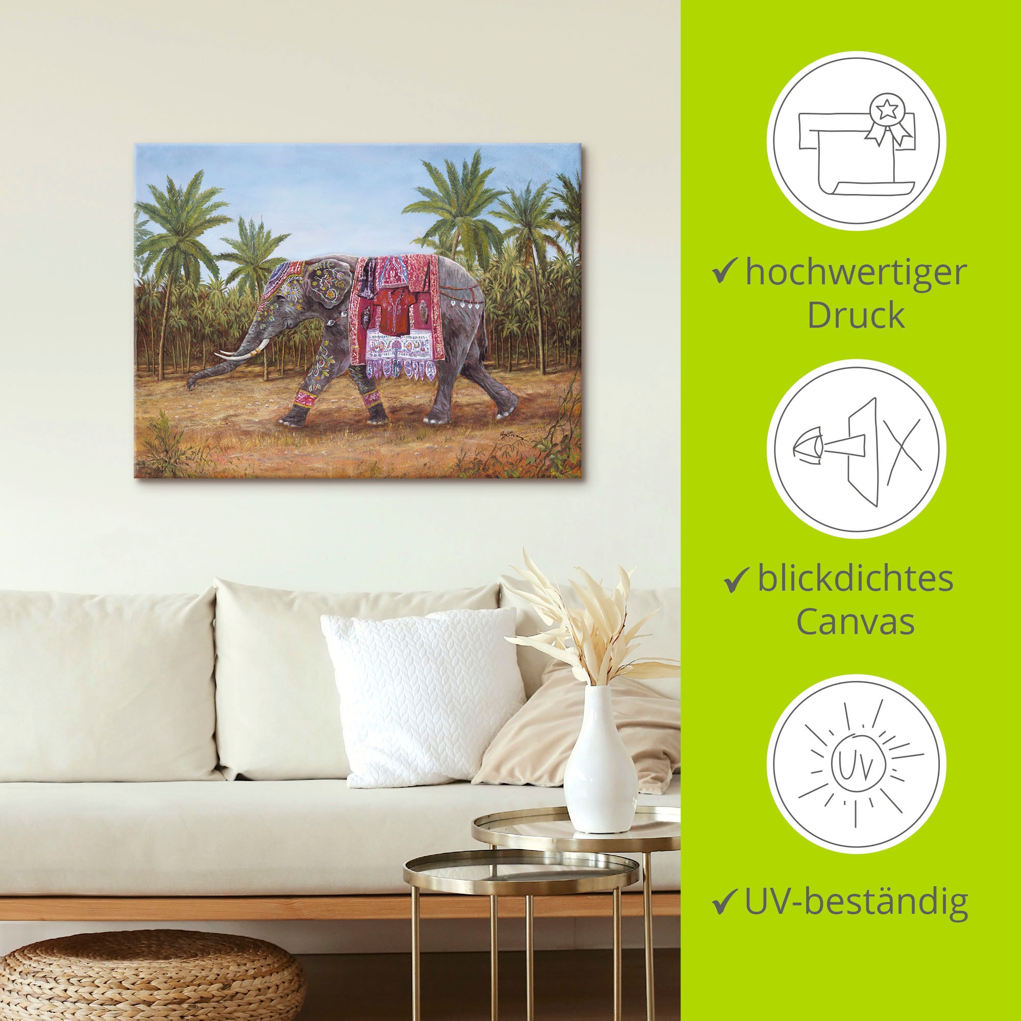 Artland Wandbild »Indischer Elefant«, Wildtiere, (1 St.), als Leinwandbild, Wandaufkleber in verschied. Größen