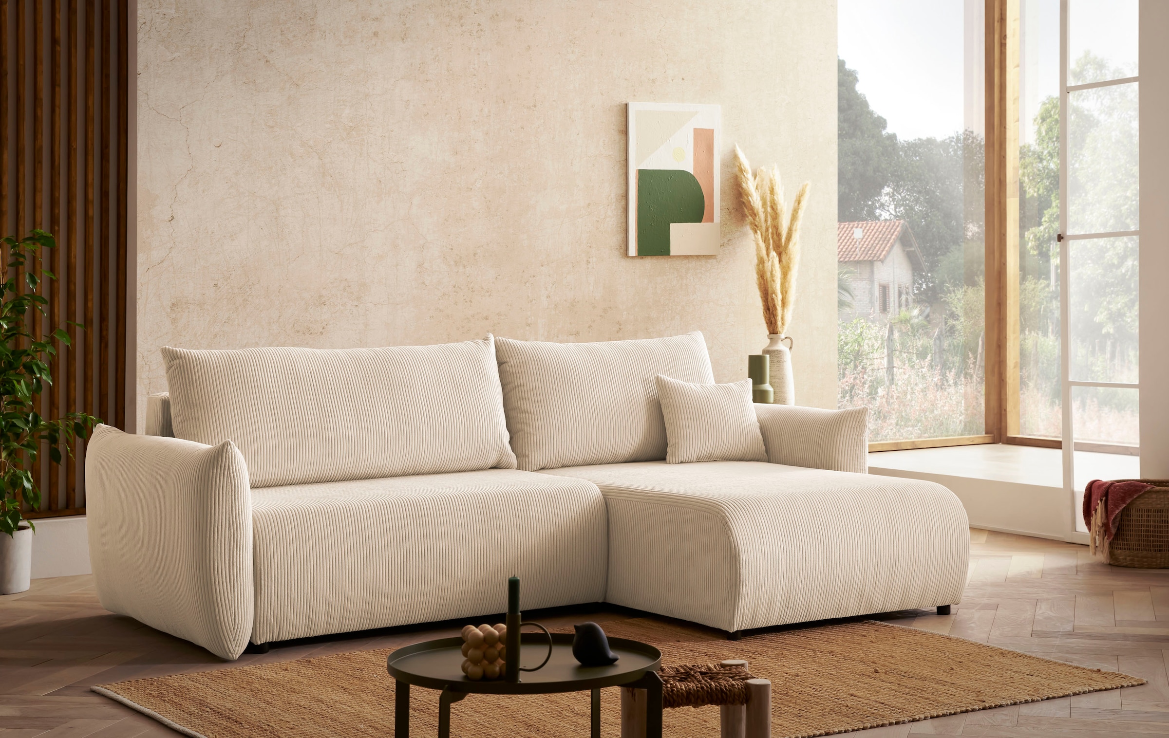 INOSIGN Ecksofa »MAVAS Schlafsofa mit Bettkasten, L-Form,«, ca.257/127cm (Liegefläche 212/145 cm), Cord, Chenille, Struktur