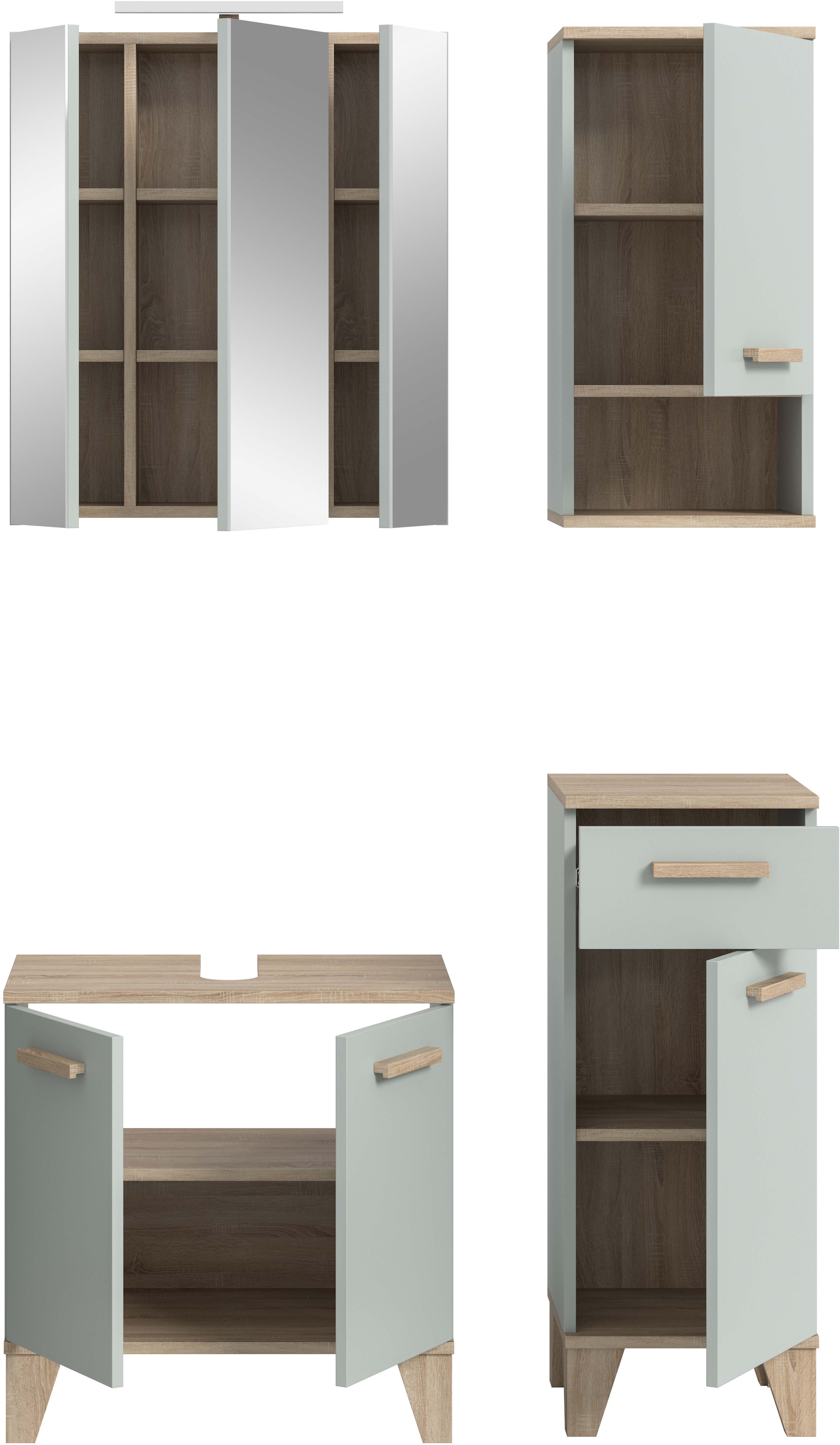 welltime Badmöbel-Set »MINTTU, 4-teilige moderne Badkombi im SCANDI-Look, inkl. Beleuchtung« bestehend aus: Midischrank, WBU, Spiegelschrank, Hängeschrank, 4 Stk. tlg.