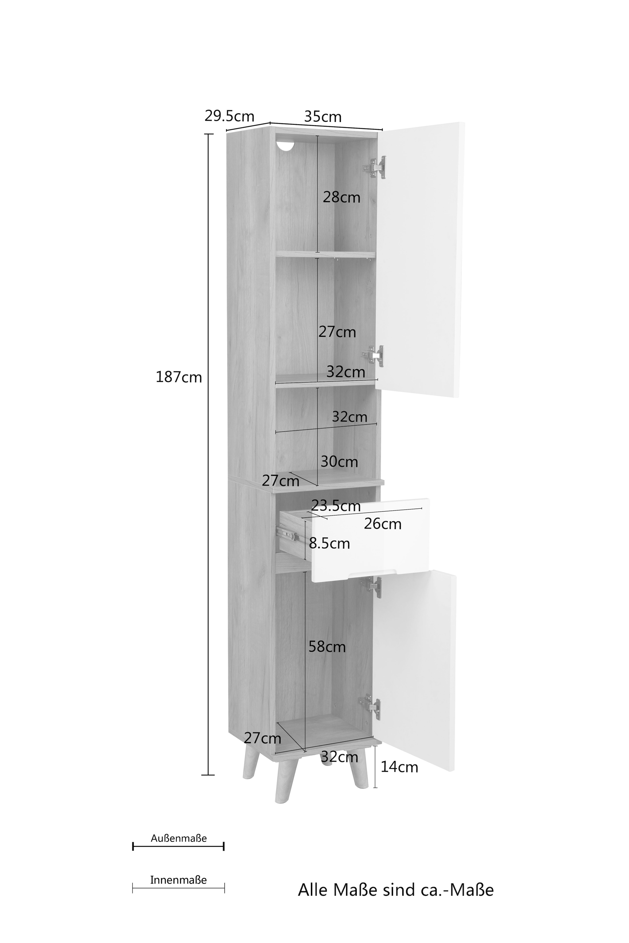 welltime Hochschrank »Lund Badschrank skandinavisches Design mit viel Stauraum«, Badmöbel, 2 Türen und 1 Schublade, Breite 35cm