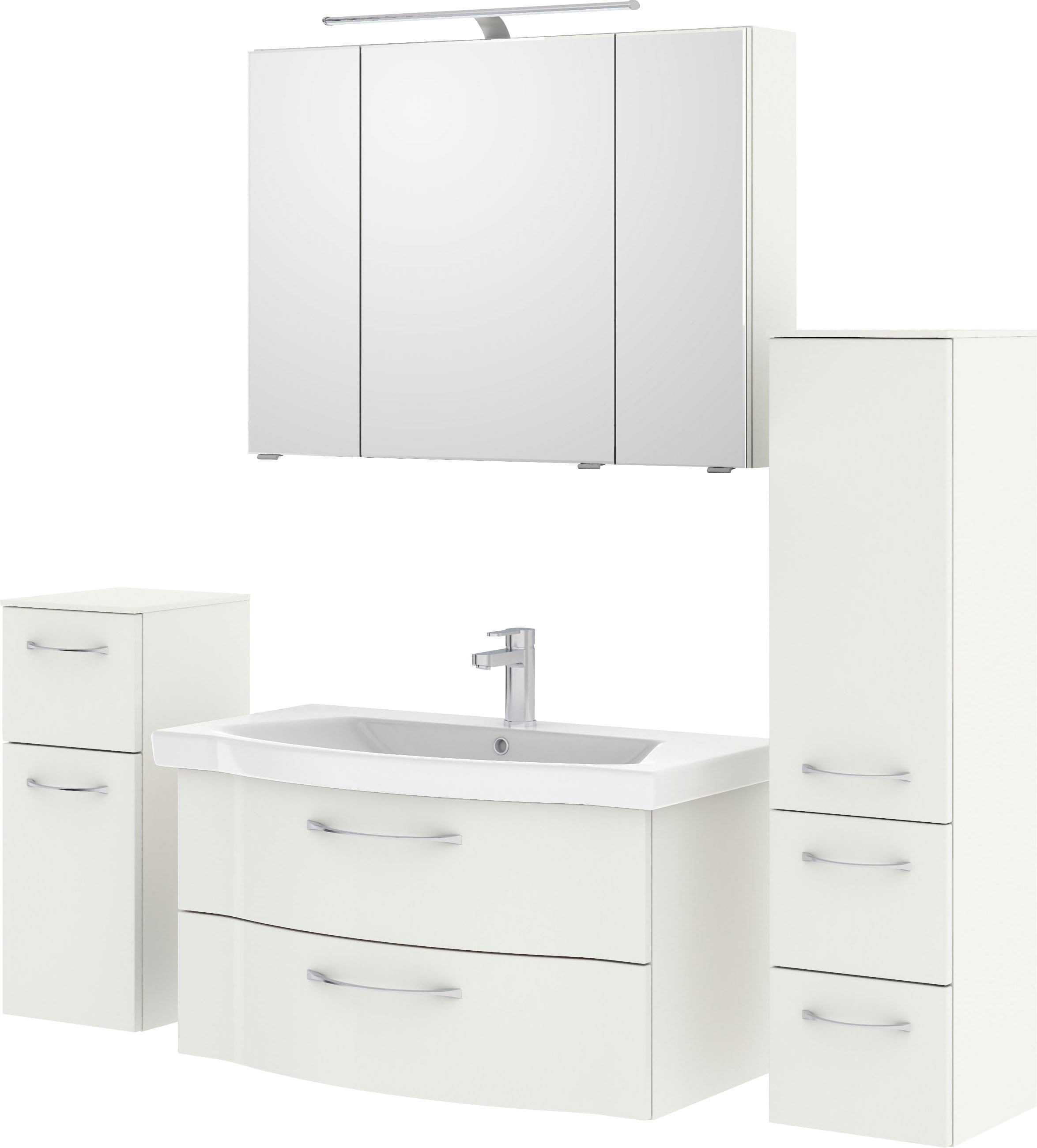 Saphir Badmöbel-Set »6005 Sprint 4-teilig, Keramik-Waschtisch mit LED-Spiegelschrank«, (5 St.), Unterschrank, Midischrank, inkl. Türdämpfer, 5 Türen, 5 Schubladen