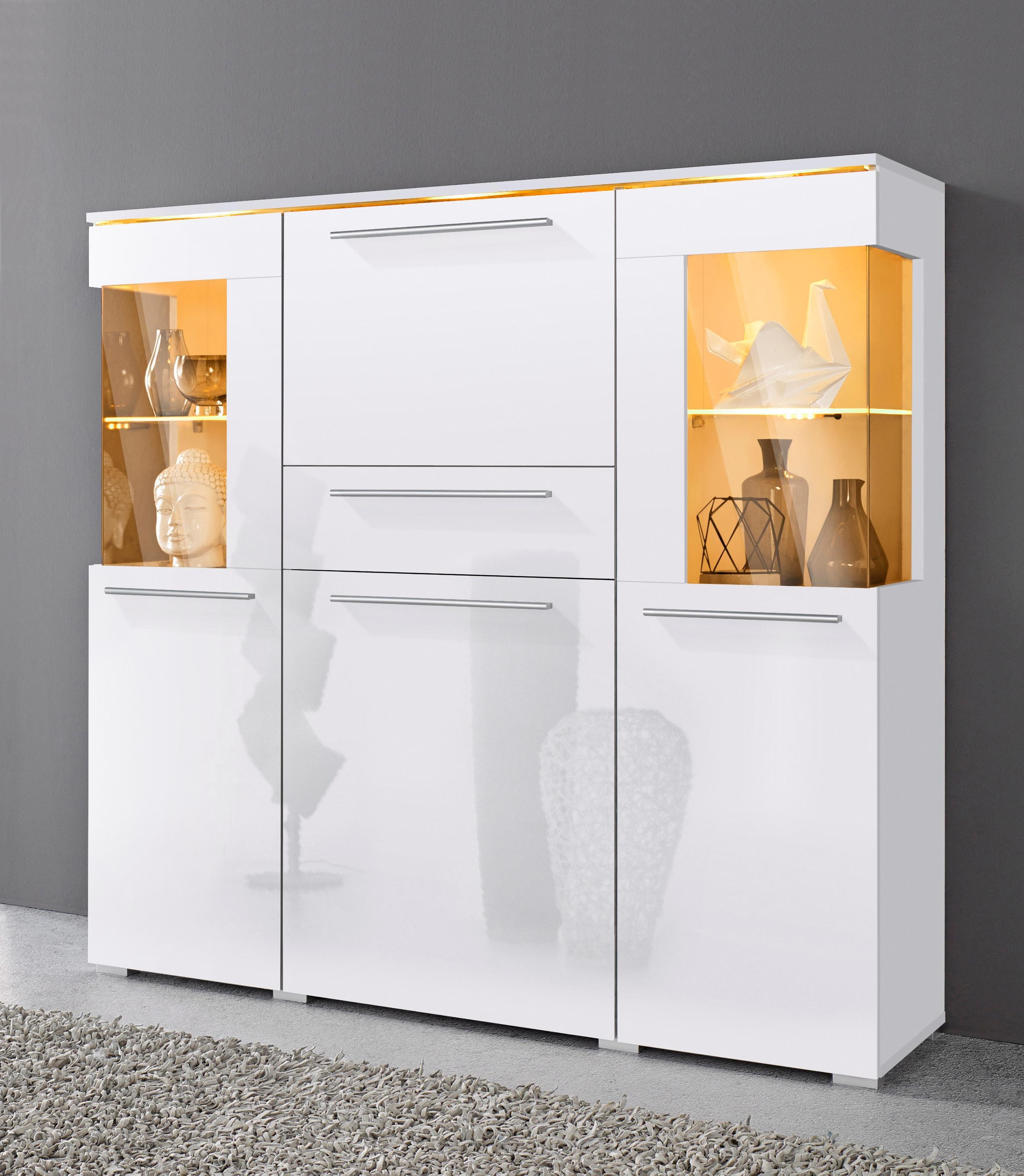 INOSIGN Highboard »India,Breite 130cm, stilvolle Hochkommode 3Türen, Klappe und Schublade«, Hochschrank viel Stauraum, Einlegeböden verstellbar,ohne Beleuchtung