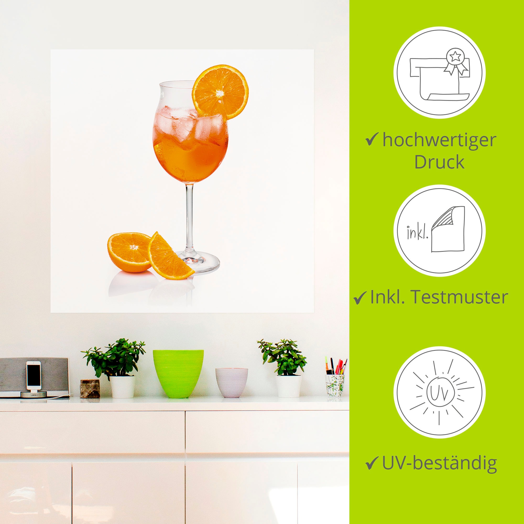 Artland Wandbild »Aperol Spritz mit einer Scheibe Orange«, Getränke, (1 St.), als Alubild, Outdoorbild, Leinwandbild, Poster, Wandaufkleber