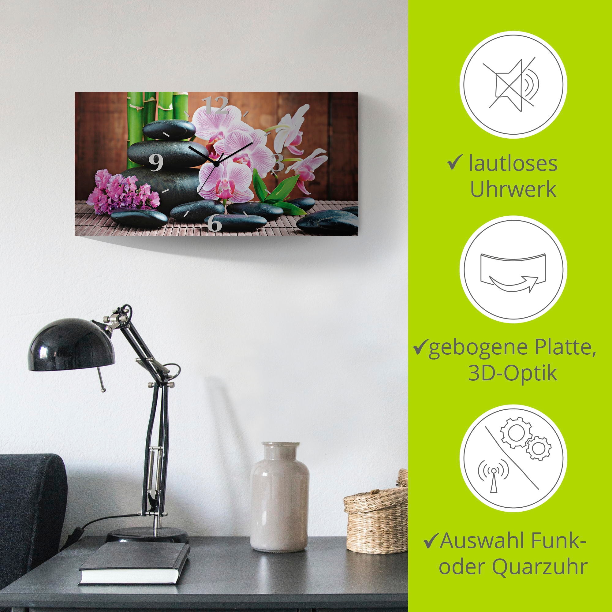 Artland Wanduhr »Spa Konzept Zen Steinen Orchideen«, 3D Optik gebogen, mit Quarz- oder Funkuhrwerk, versch. Größen