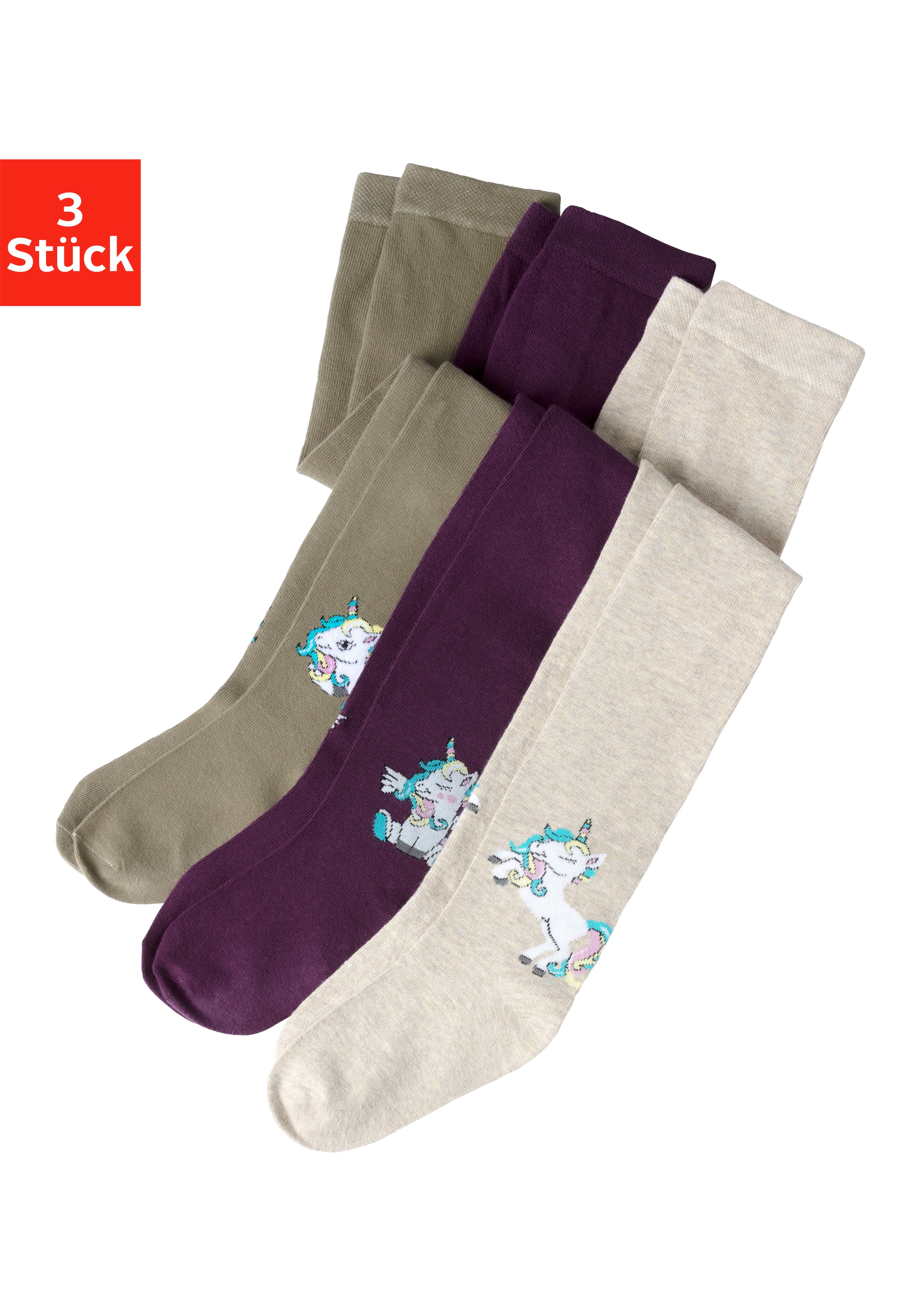 H.I.S Strickstrumpfhose Packung, 3 Stk. tlg. mit Einhorn Motiven mint, beige/melange, plum/melange 140/146 140/146 Bequeme Strickstrumpfhose
