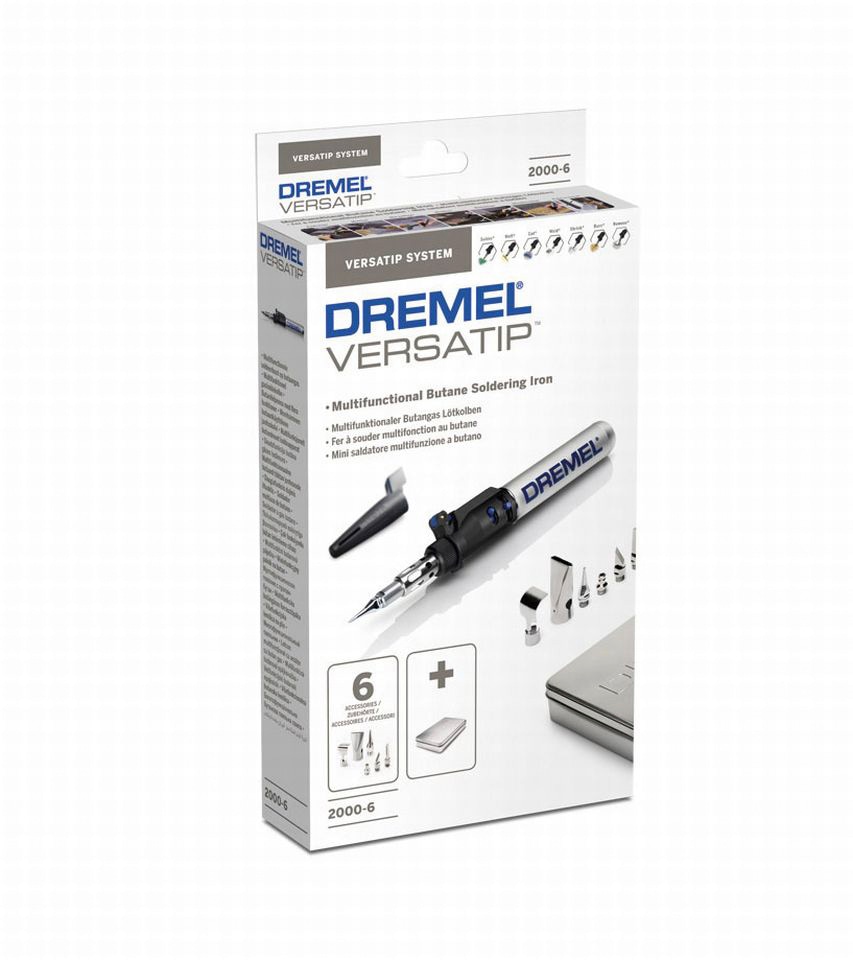 DREMEL Lötkolben »Versatip«, (6 tlg., Dremel VersaTip, Lötspitze, Schneideklinge, Heißmesser, Flachflammdüse, Reflektorblech, Heißluftgebläsedüse, Lötdraht, Lötschwamm + Schwammbehälter, Bedienungsanleitung, Aufbewahrungsbox), max. Brennzeit 90 min